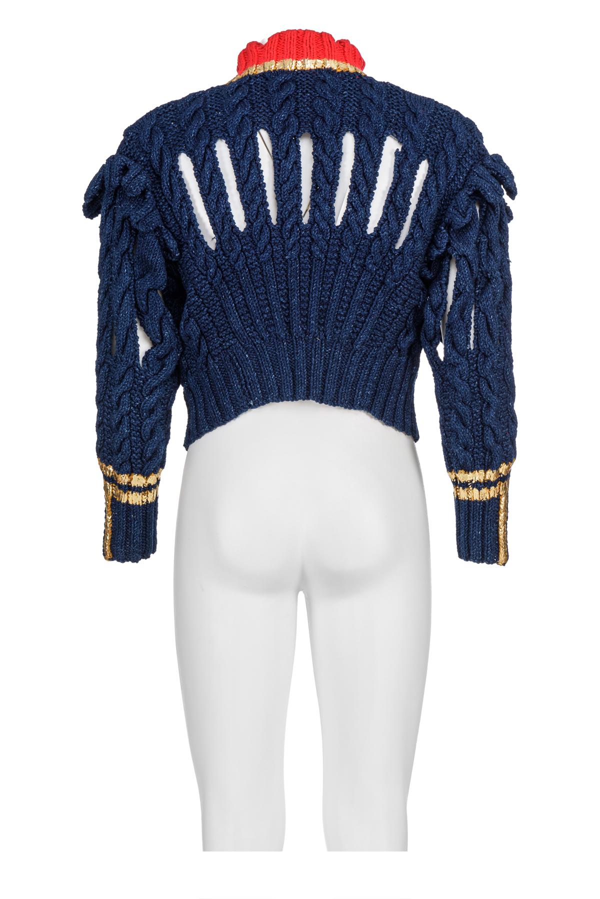 Iconique et rare veste en maille indigo printemps-été 1991 avec maille câblée et découpe de la collection 