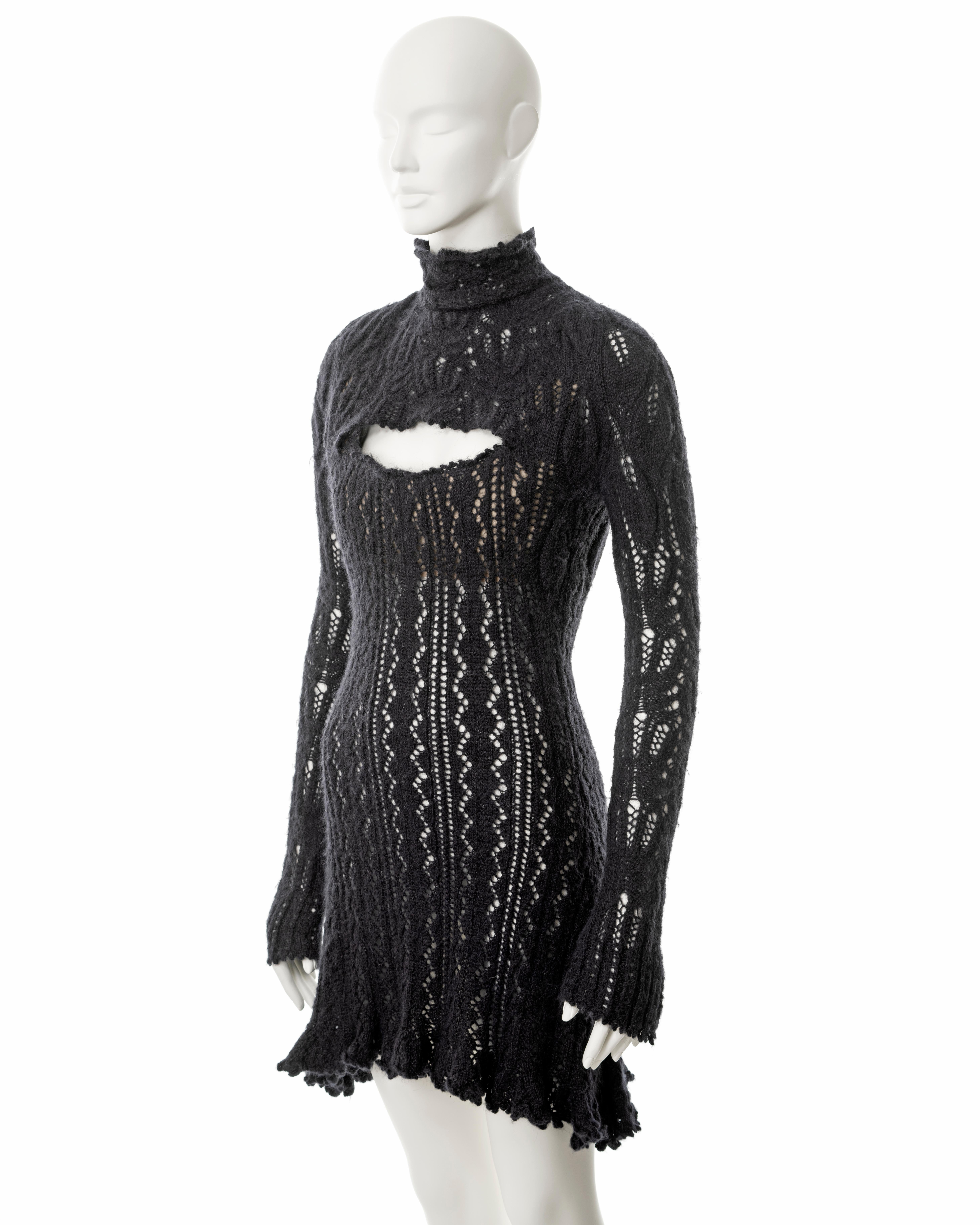 Vivienne Westwood steel-grey open knit alpaca wool corseted mini dress, fw 1993 In Good Condition For Sale In London, GB