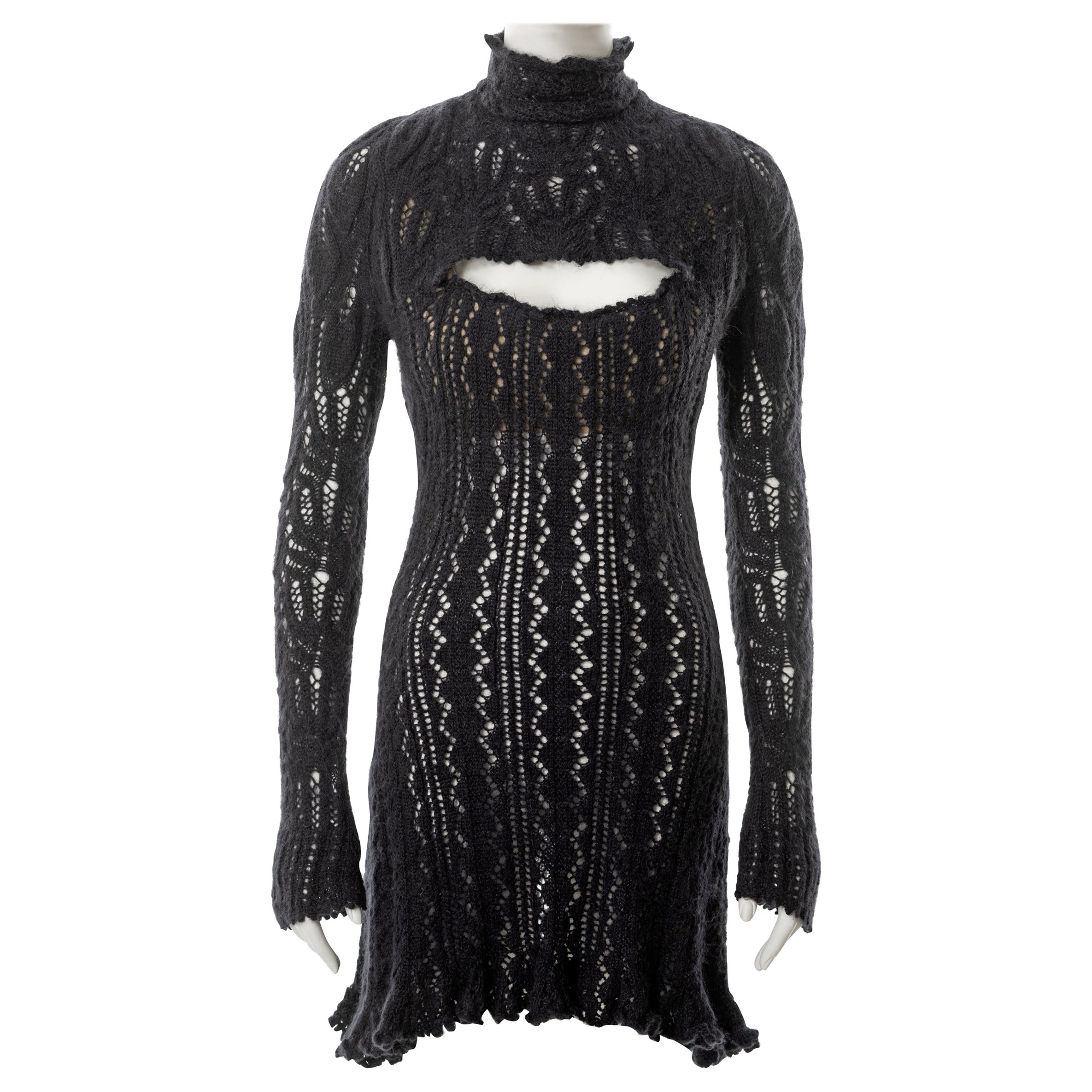 Vivienne Westwood, mini abito a bustino in lana d'alpaca a maglia aperta grigio acciaio, fw 1993