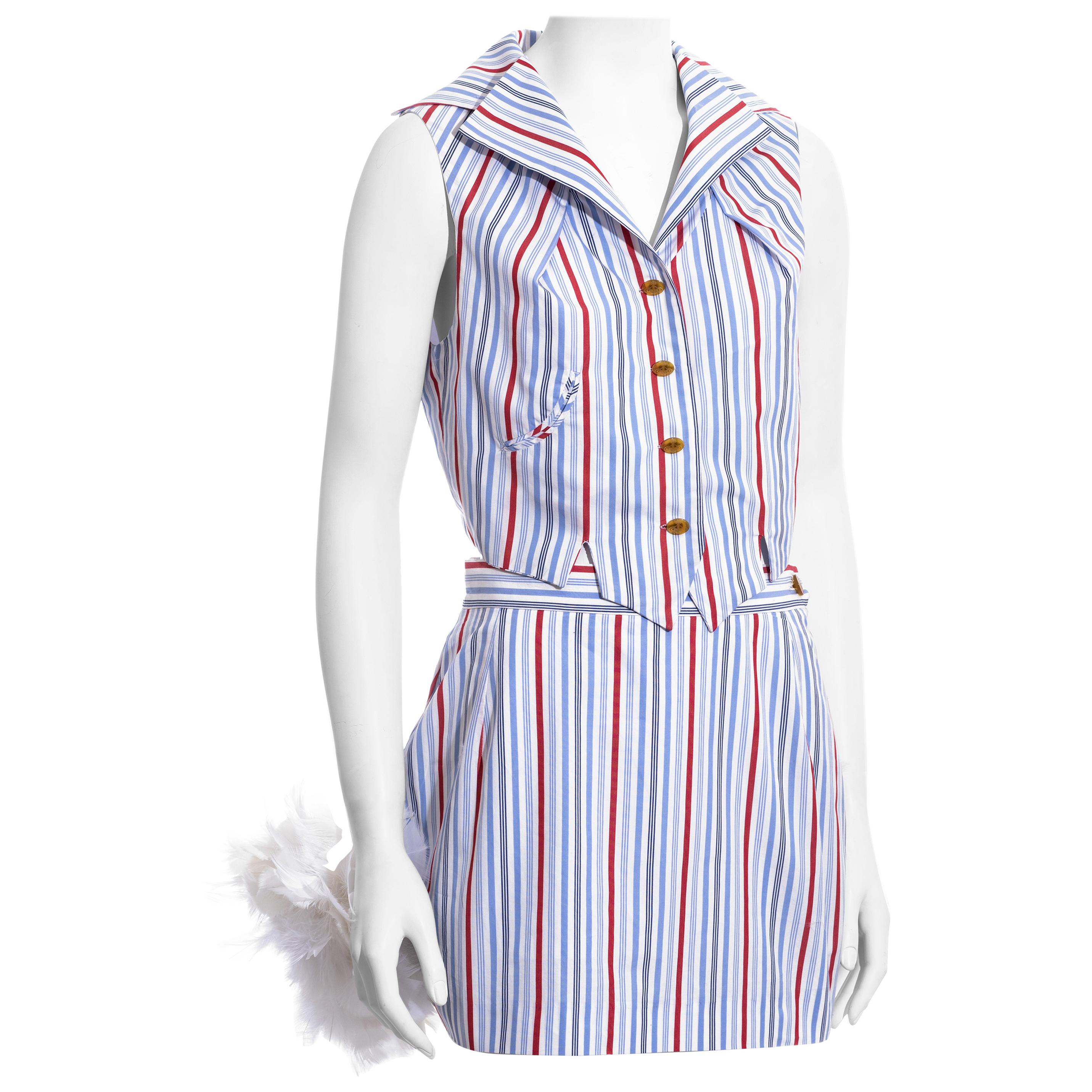 Vivienne Westwood striped cotton waistcoat and feathered mini skirt set, ss 1994