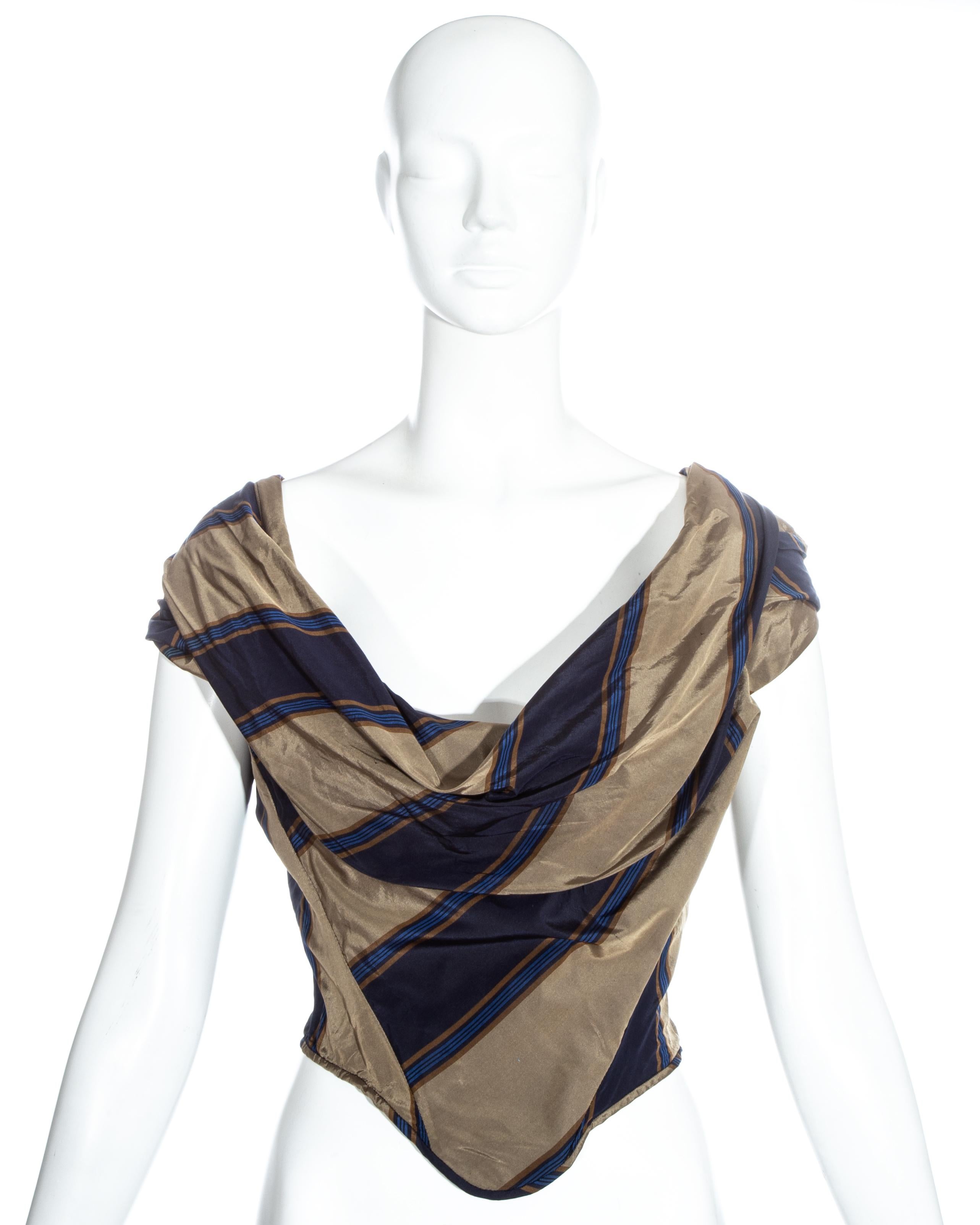 Vivienne Westwood striped silk taffeta off shoulder evening corset with draped neckline and zip fastening. Designed to cinch the waist and push the breasts up.

Spring-Summer 1998