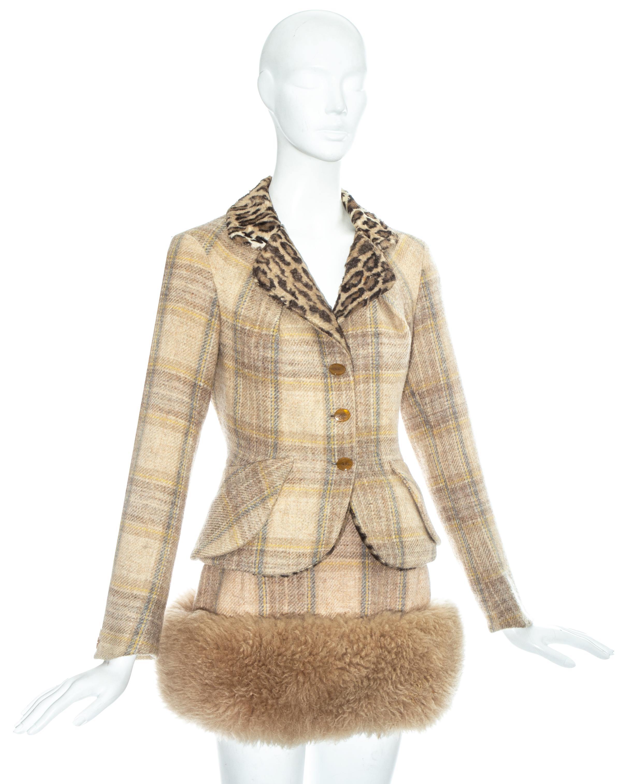 Beige Vivienne Westwood tartan wool and shearling mini skirt suit, fw 1994 For Sale