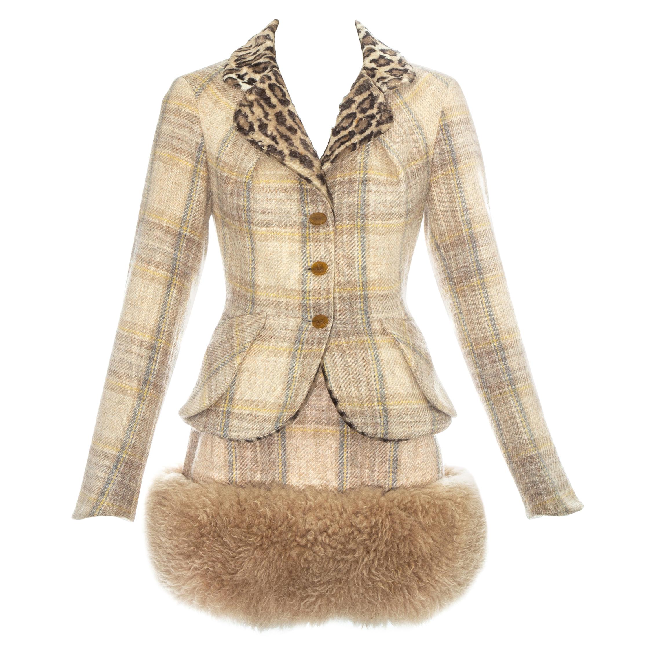 Combinaison mini-jupe en laine écossaise et shearling Vivienne Westwood:: fw 1994