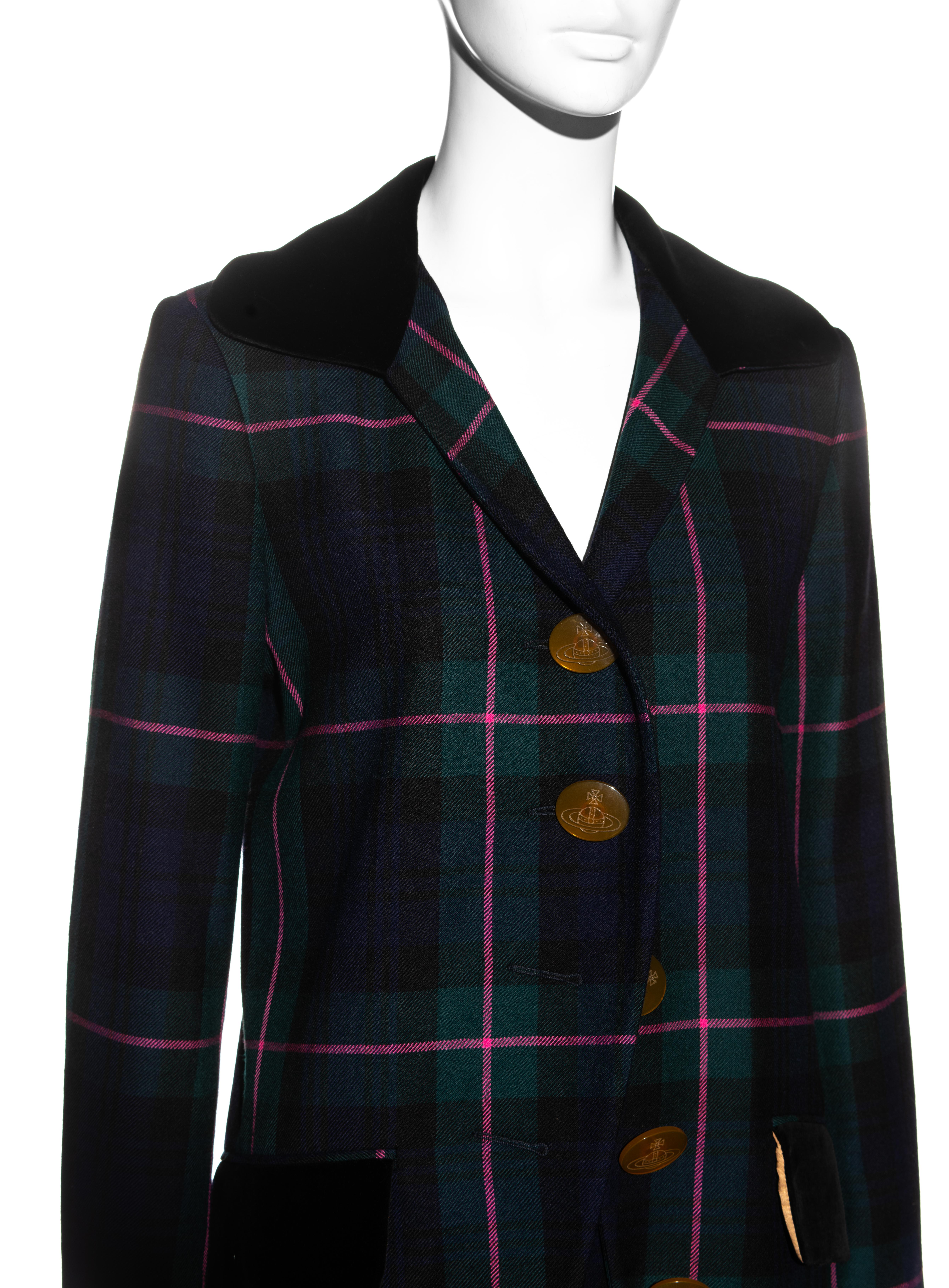 Black Vivienne Westwood tartan wool blazer jacket and mini skirt set, fw 1993