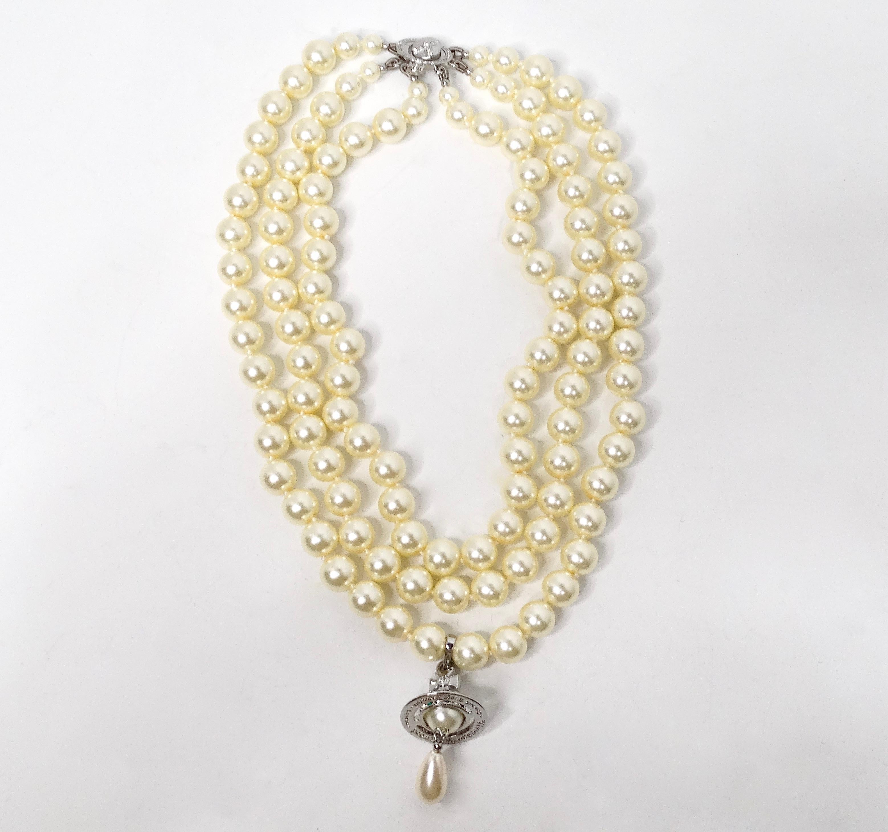 Vivienne Westwood Three-Row Costume Pearl Drop Orb Pendant Necklace For Sale 1