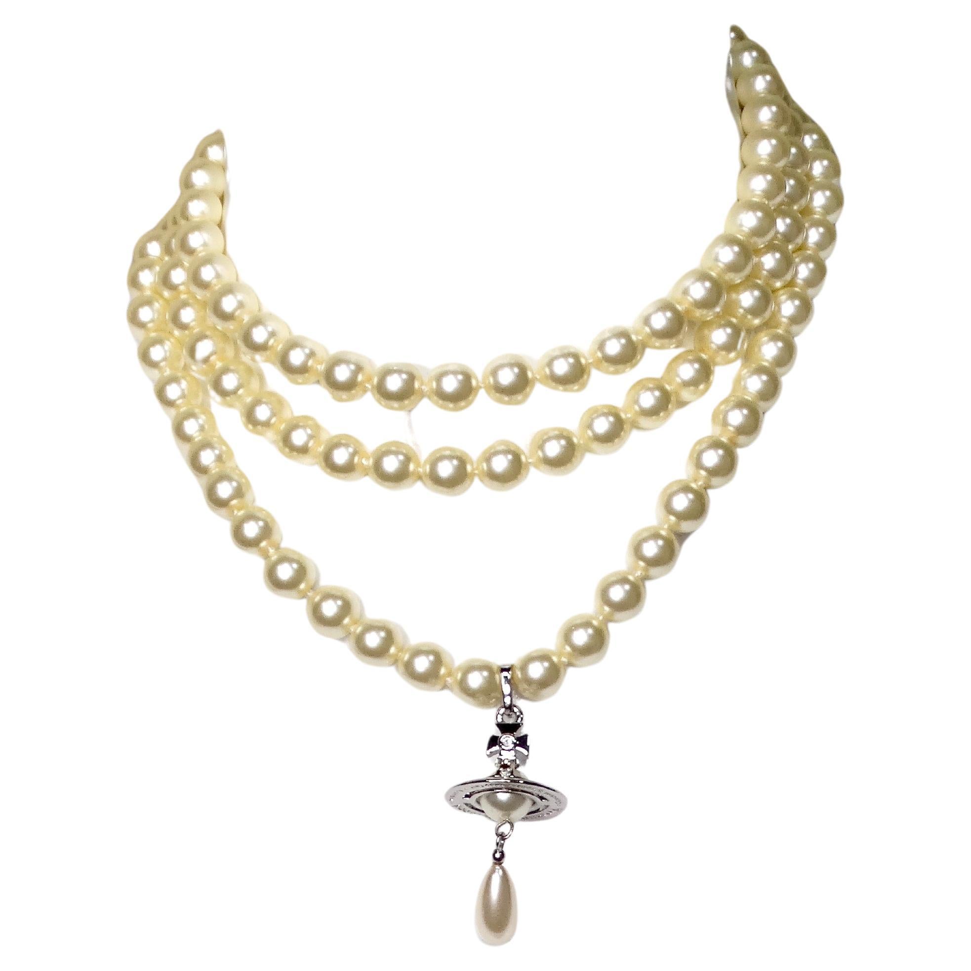 Vivienne Westwood Three-Row Costume Pearl Drop Orb Pendant Necklace For Sale