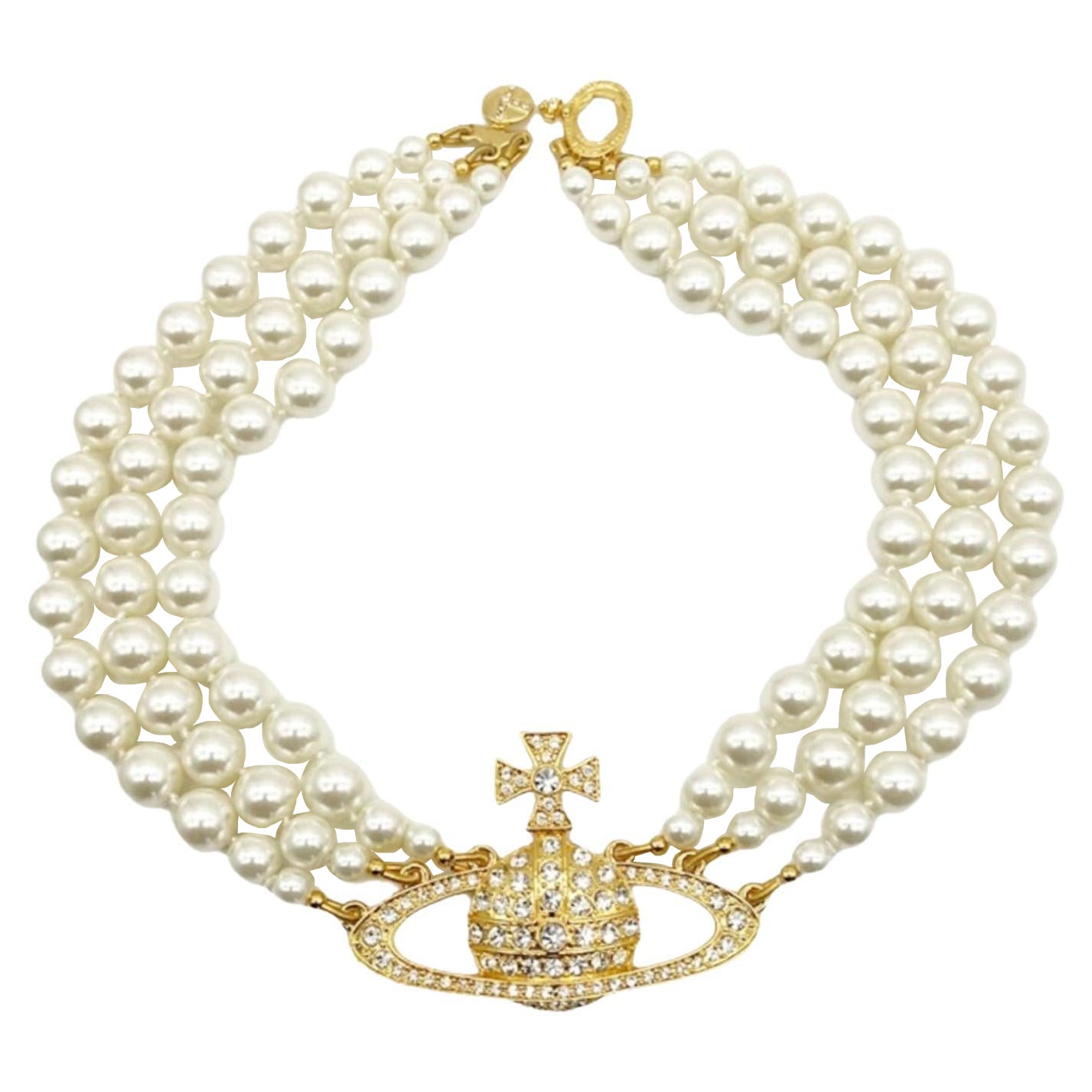 Vivienne Westwood Three Row Pearl Bas Relief Gold Tone