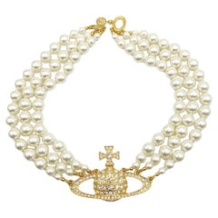 Vivienne Westwood Three Row Pearl Bas Relief Gold Tone