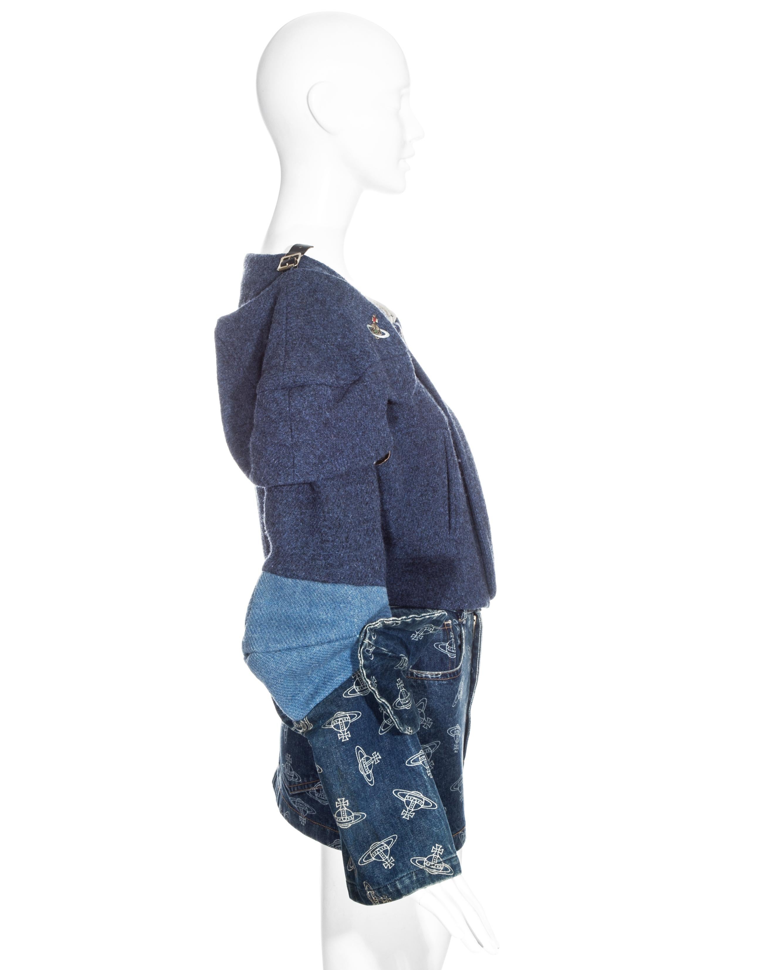 Purple Vivienne Westwood tweed and denim 'time machine' jacket and mini skirt, fw 1988 For Sale
