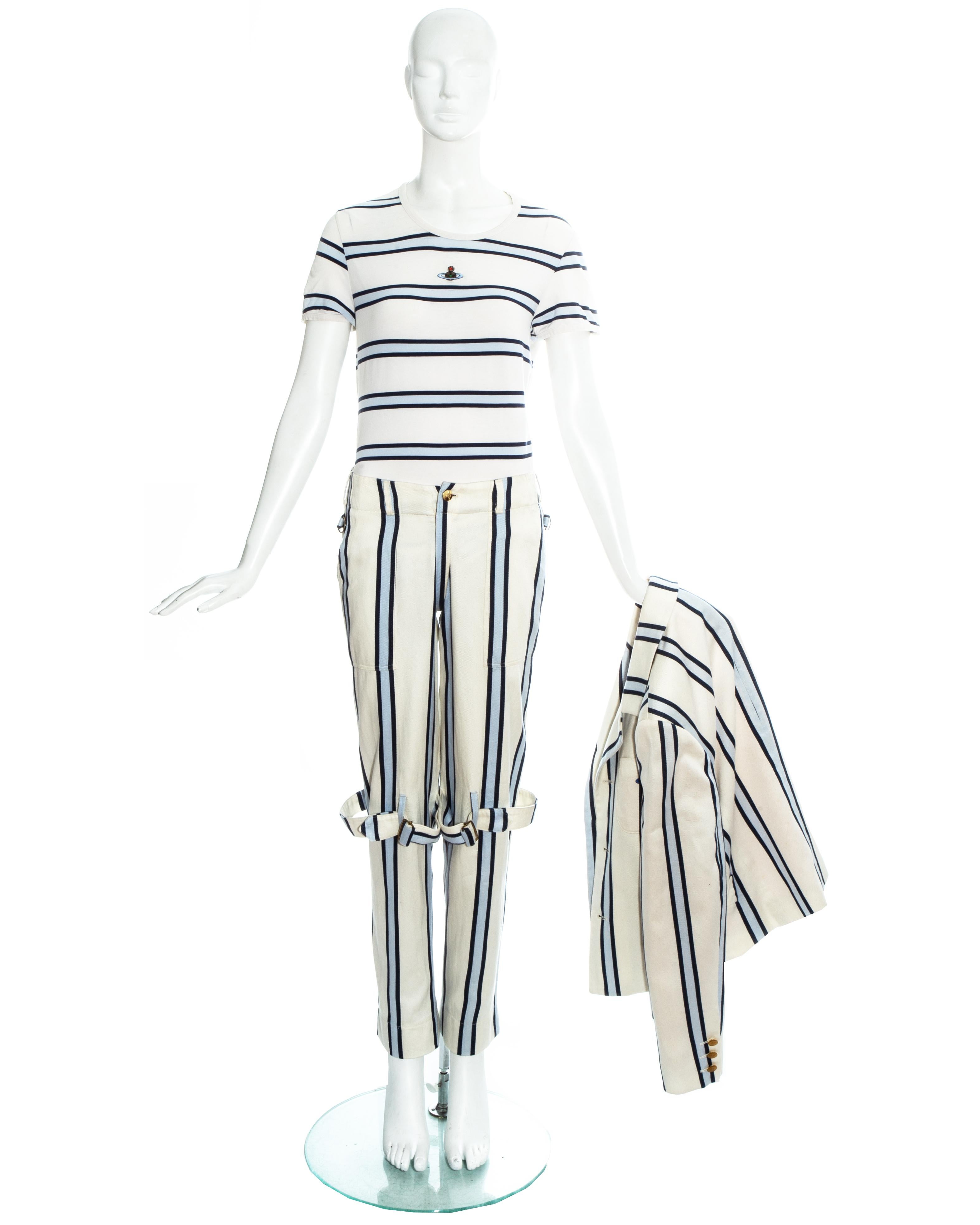 Vivienne Westwood unisex blue and white striped cotton 'Cafe Society' 3 piece pant suit. Singled breasted blazer jacket with embroidered orb on patch pocket, slim fit pants with bondage straps and signature zipper crotch, sold with a matching jersey