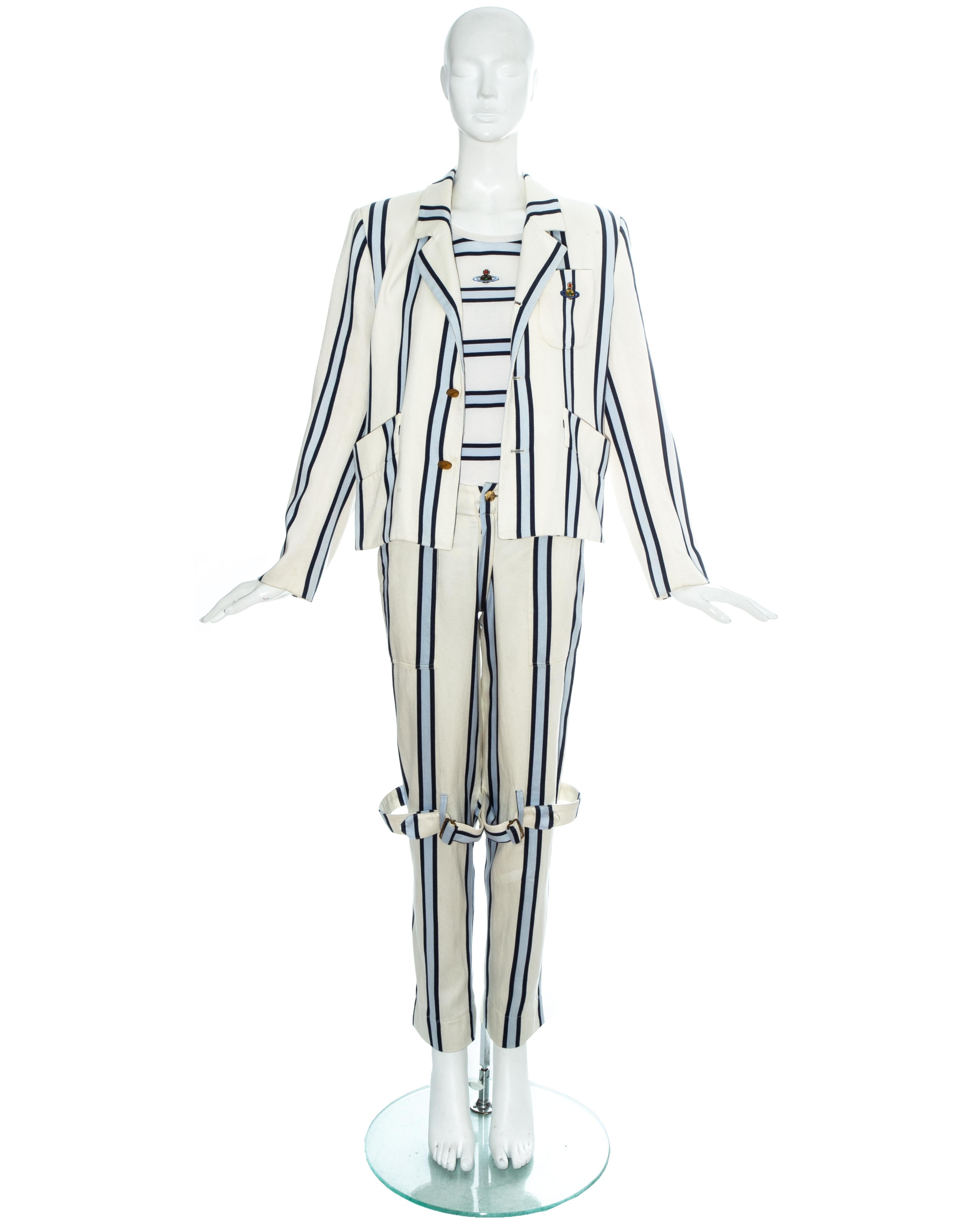 Gray Vivienne Westwood unisex striped cotton bondage 3 piece pant suit, ss 1994 For Sale