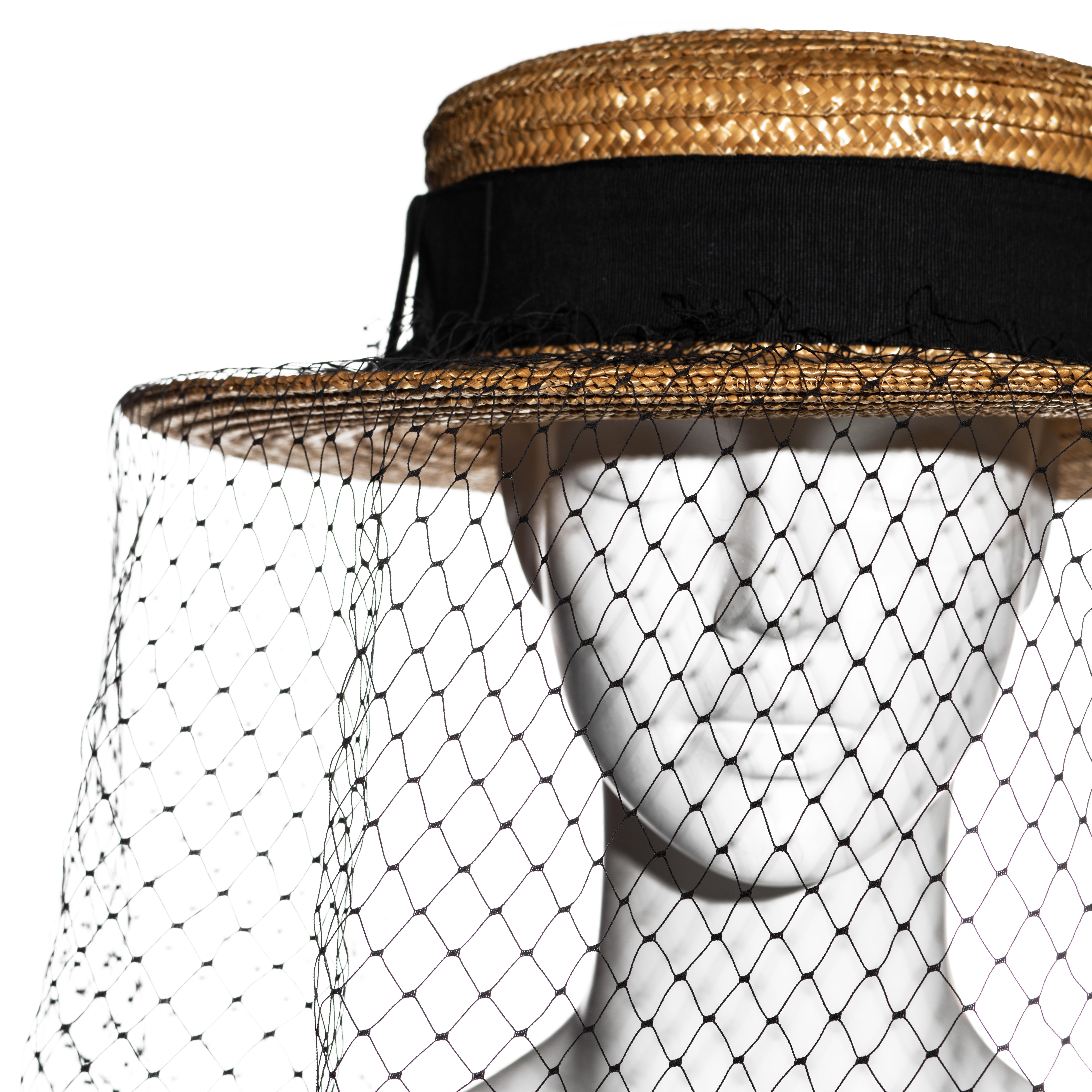Brown Vivienne Westwood veiled raffia boater hat, ss 1988 For Sale