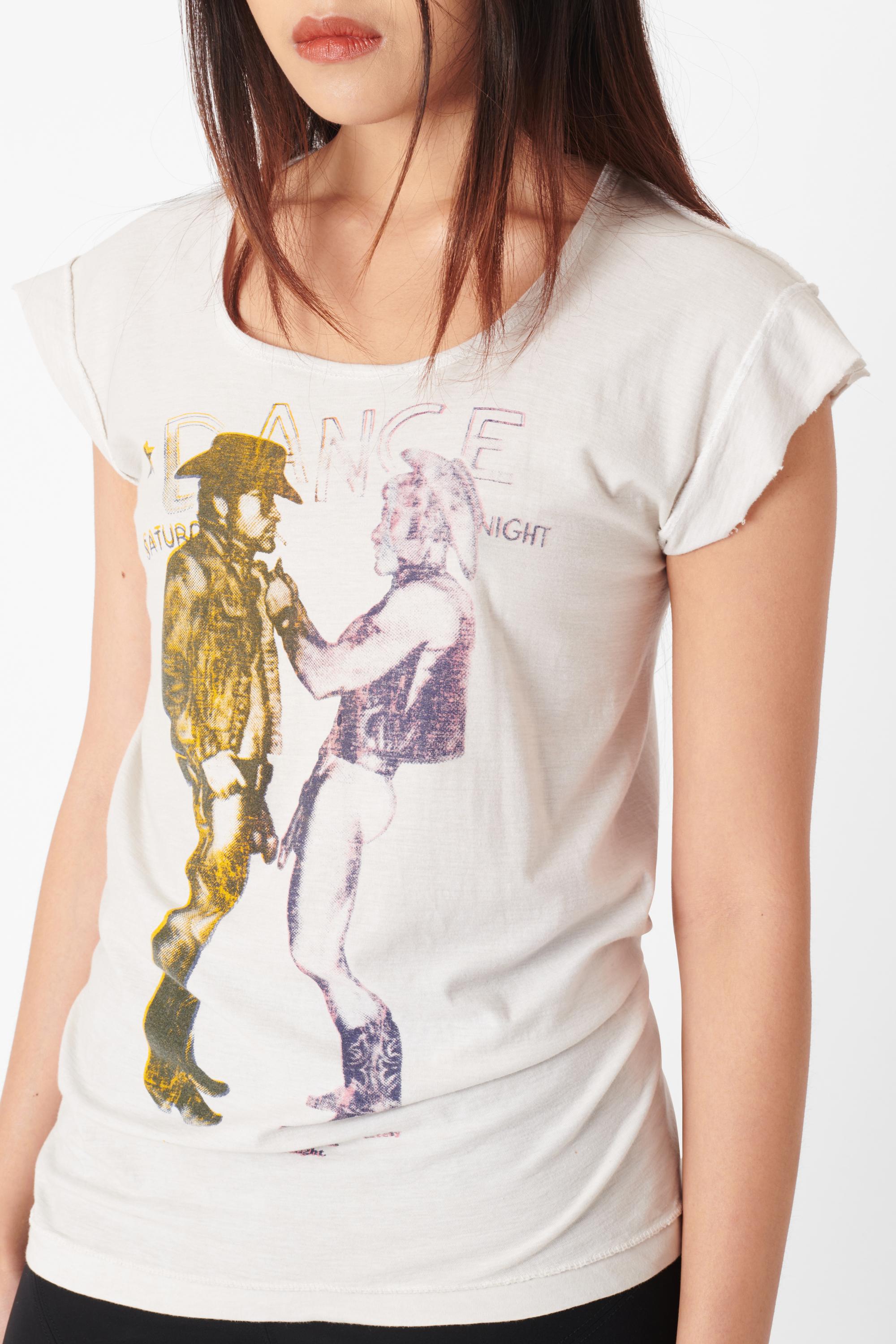 Vintage fin des années 1970 Vivienne Westwood x Malcolm Mclaren Seditionaries iconic Cowboys t-shirt top. Col rond, manches retroussées, texte 