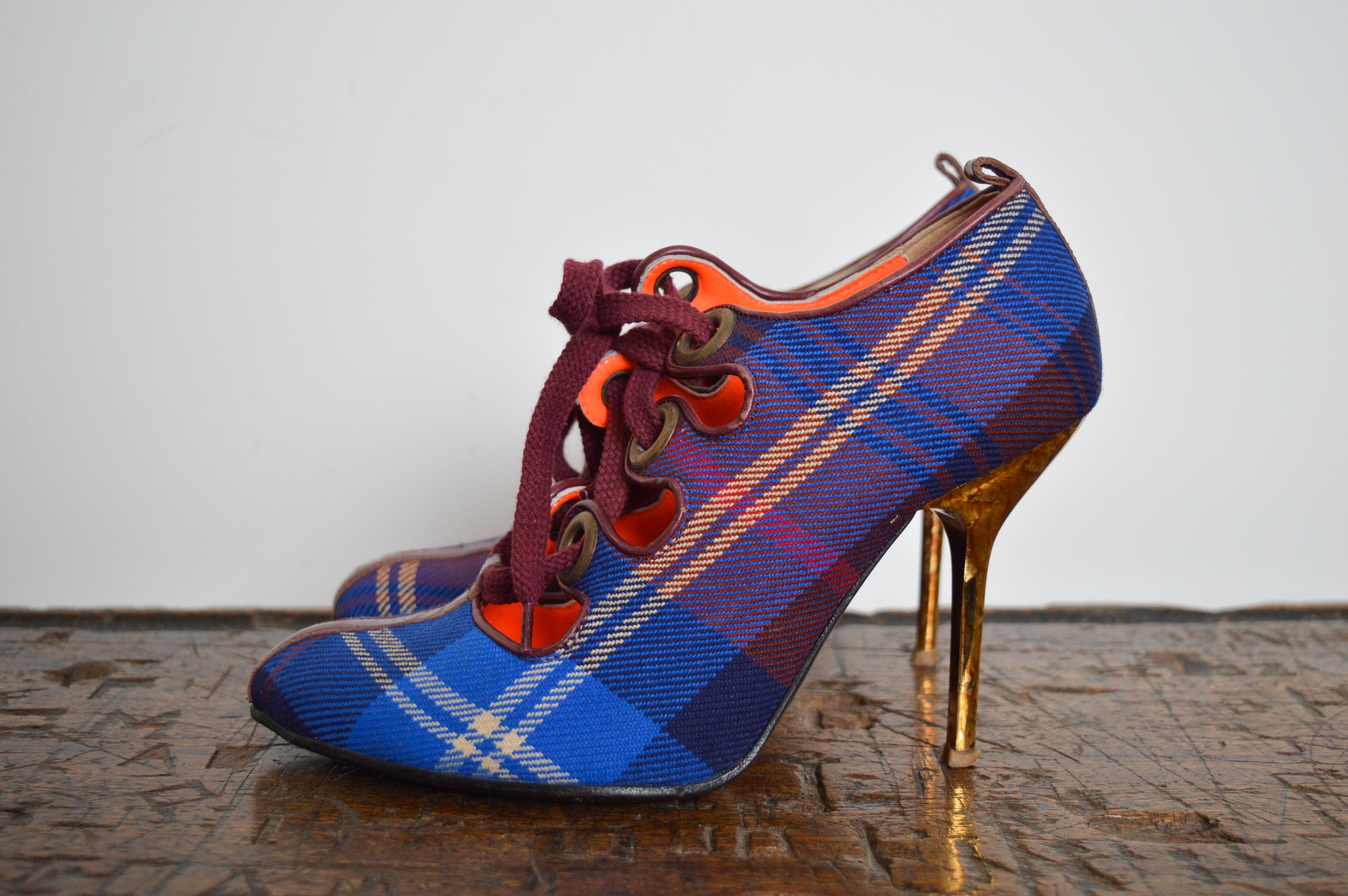 Vivienne Westwood Vintage Red & Blue Punk Tartan Lace up High Heel Shoes 5
