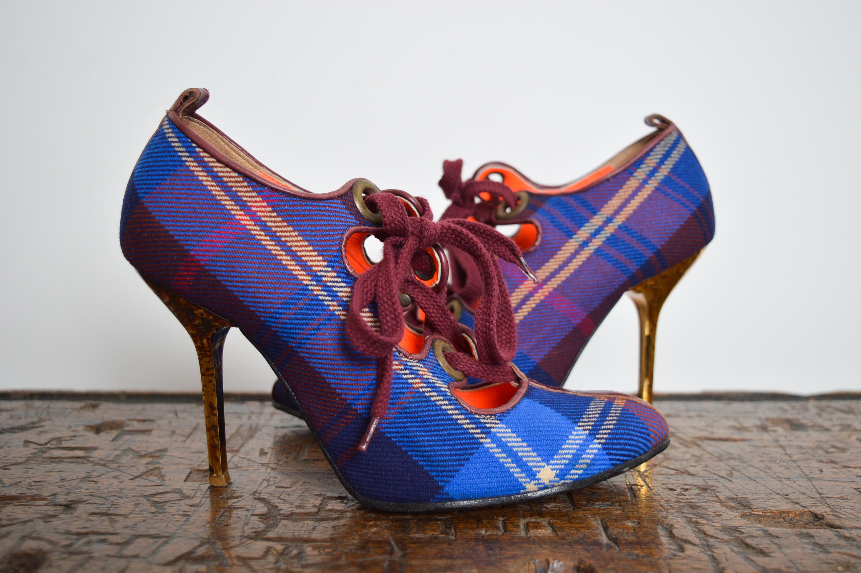 Vivienne Westwood Vintage Red & Blue Punk Tartan Lace up High Heel Shoes 11