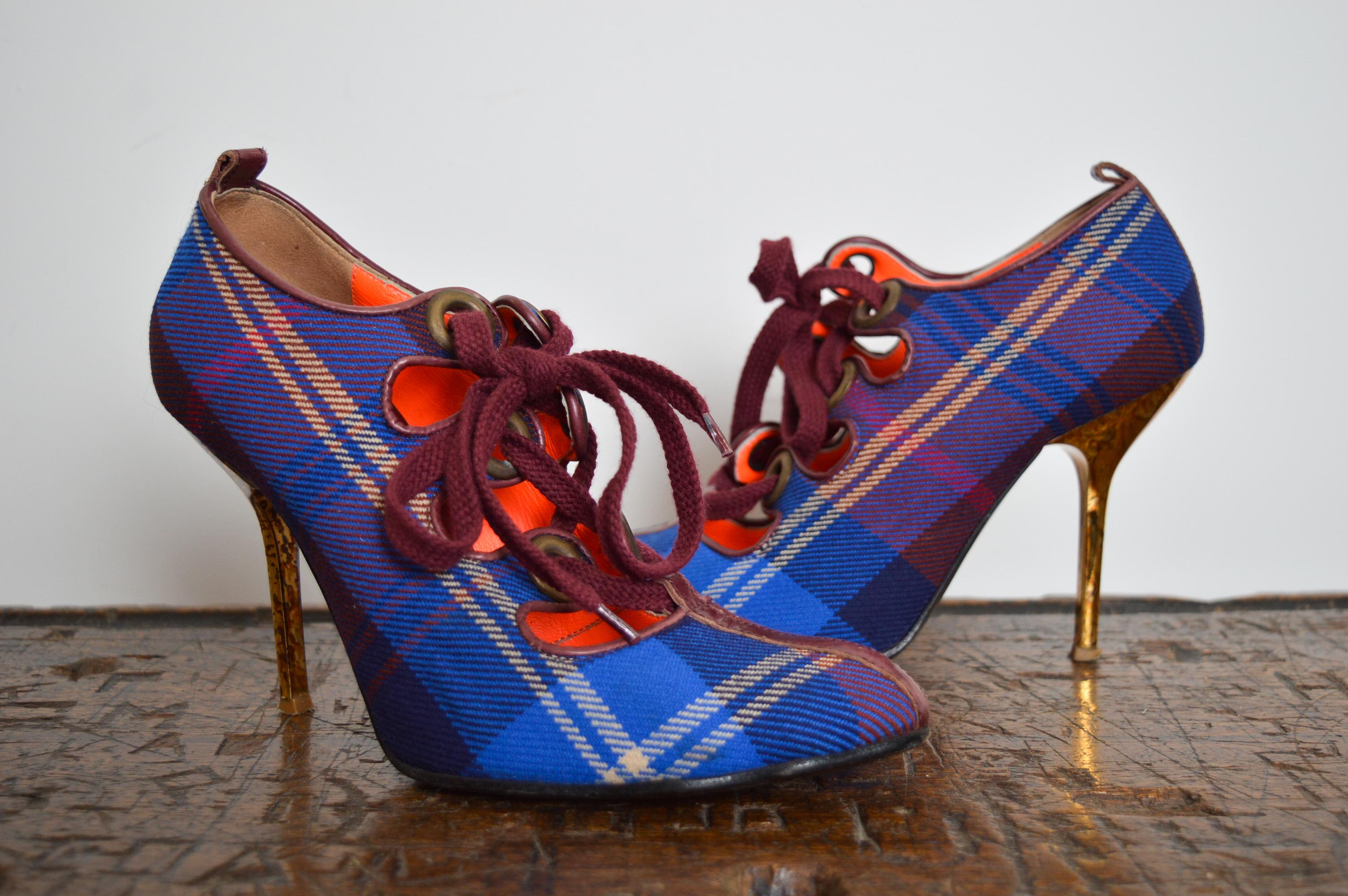 Black Vivienne Westwood Vintage Red & Blue Punk Tartan Lace up High Heel Shoes