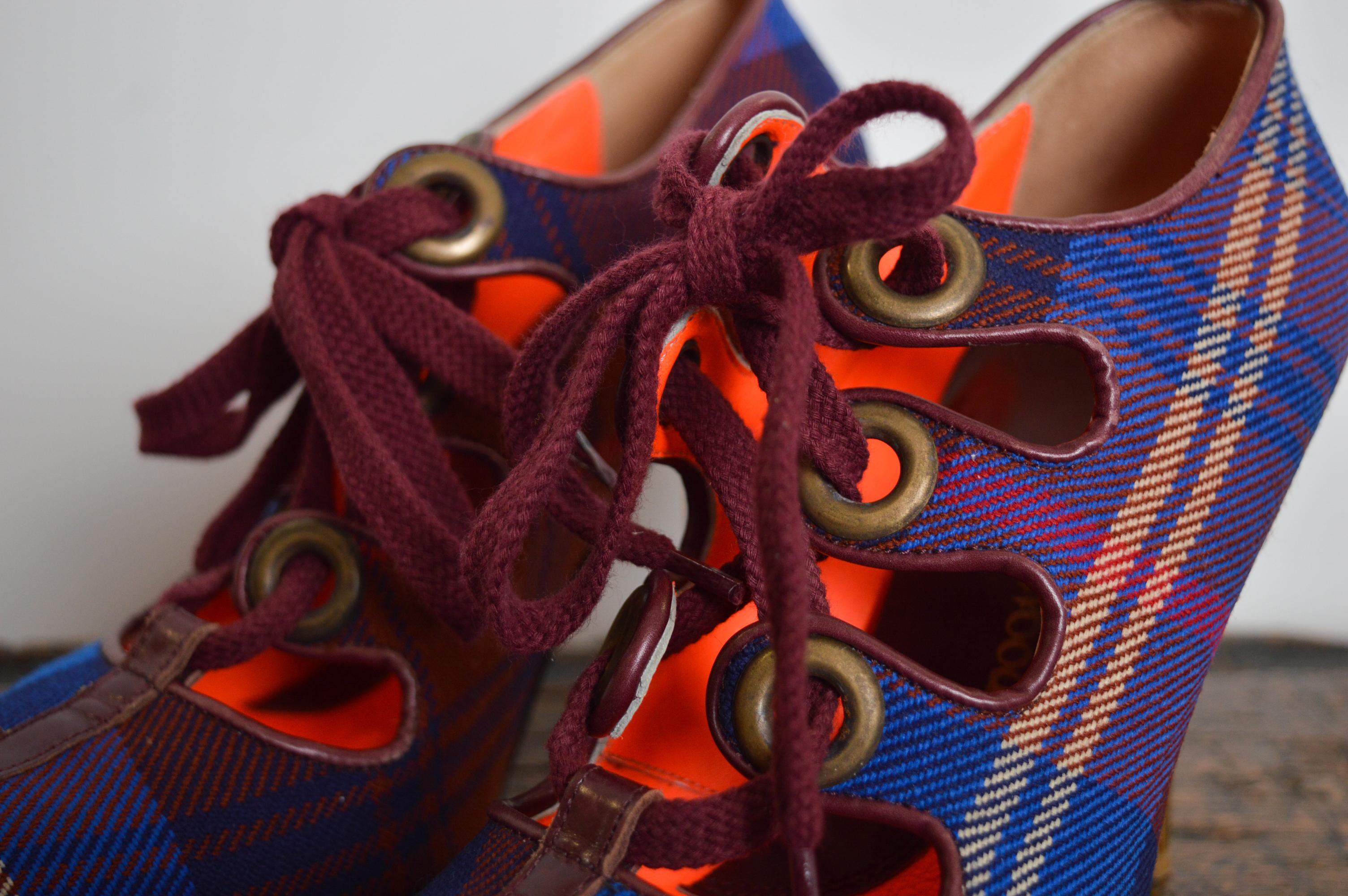 Vivienne Westwood Vintage Red & Blue Punk Tartan Lace up High Heel Shoes In Good Condition In Sheffield, GB