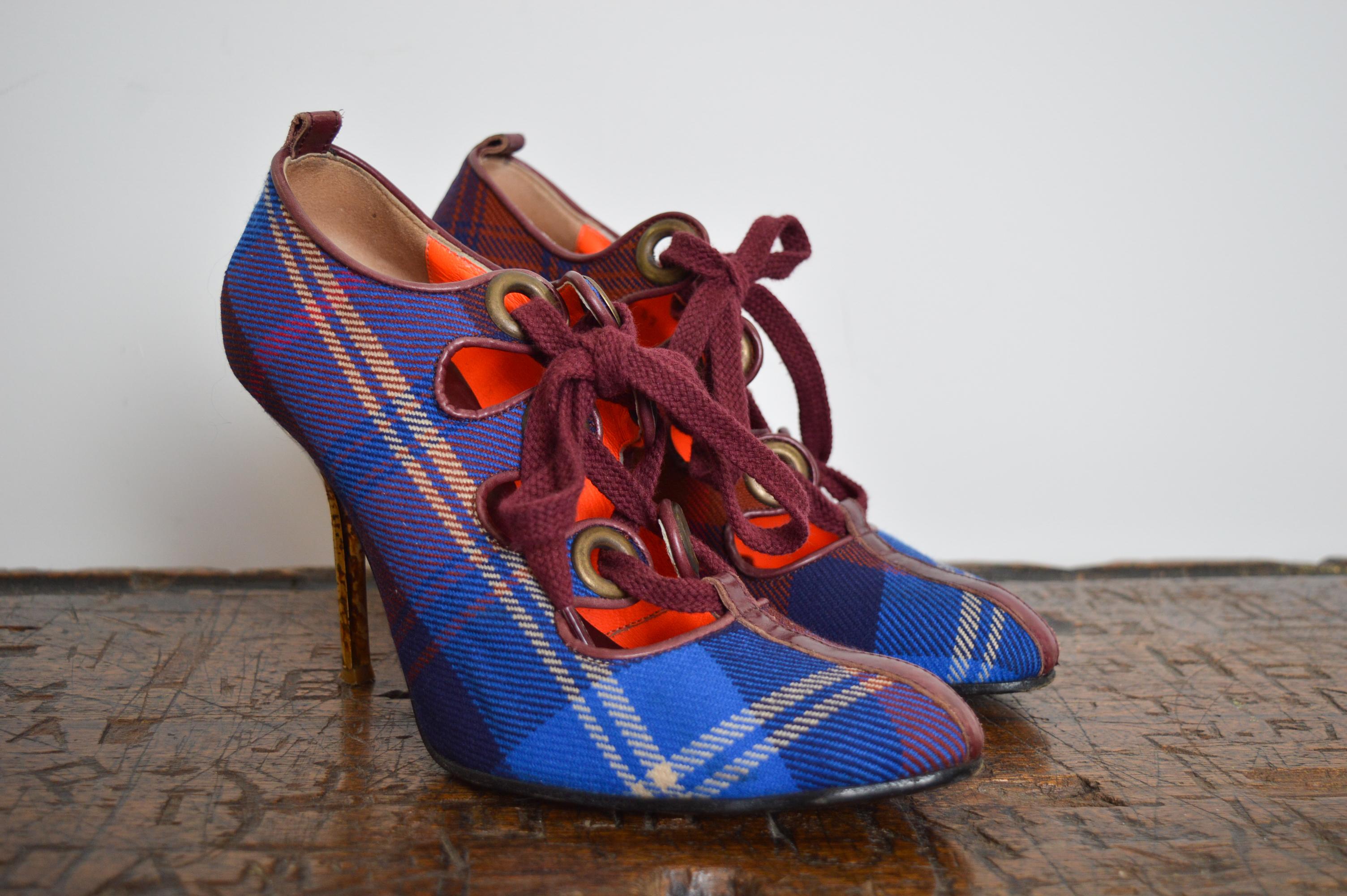 Women's Vivienne Westwood Vintage Red & Blue Punk Tartan Lace up High Heel Shoes