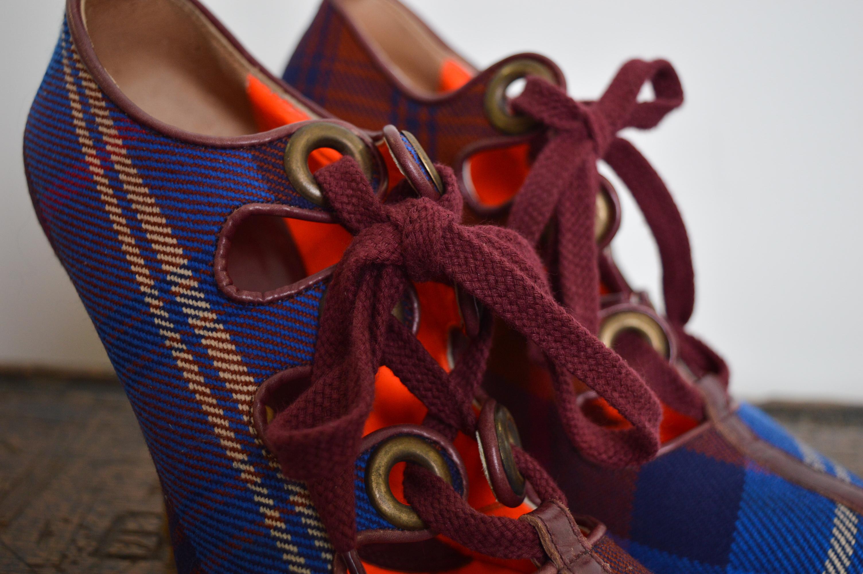 Vivienne Westwood Vintage Red & Blue Punk Tartan Lace up High Heel Shoes 1