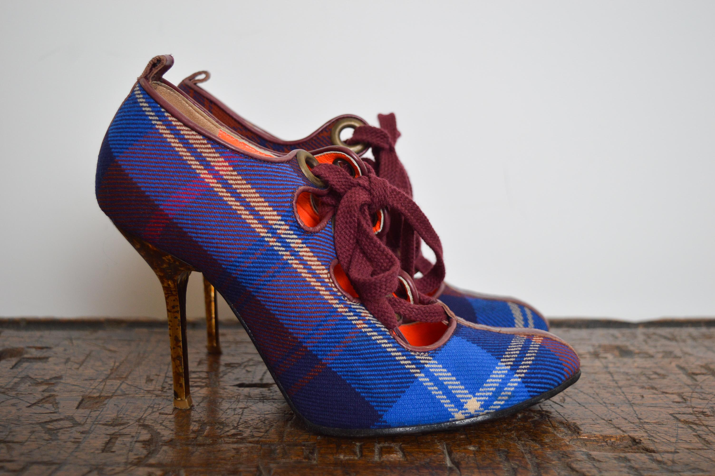 Vivienne Westwood Vintage Red & Blue Punk Tartan Lace up High Heel Shoes 2