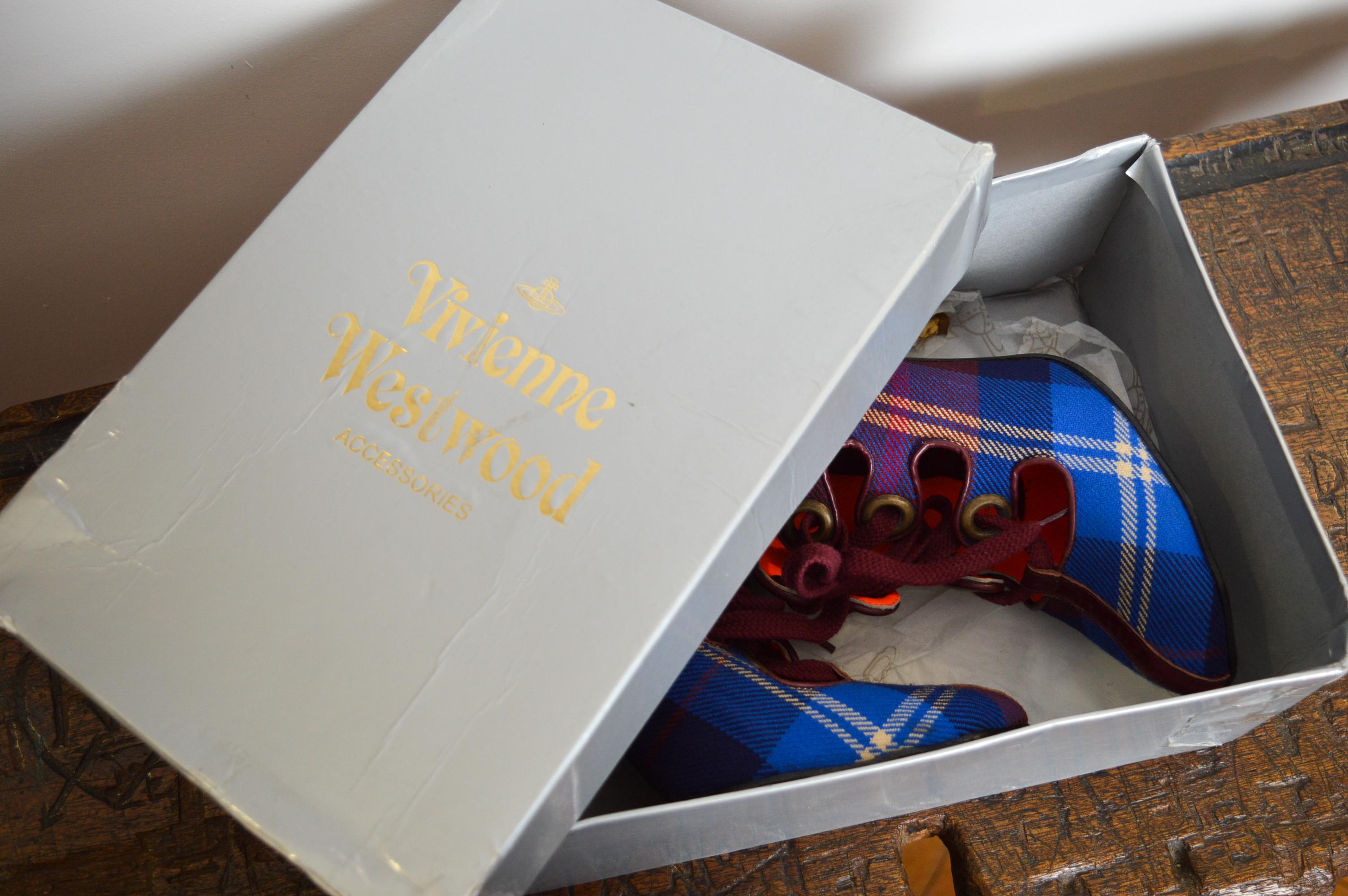 Vivienne Westwood Vintage Red & Blue Punk Tartan Lace up High Heel Shoes 3