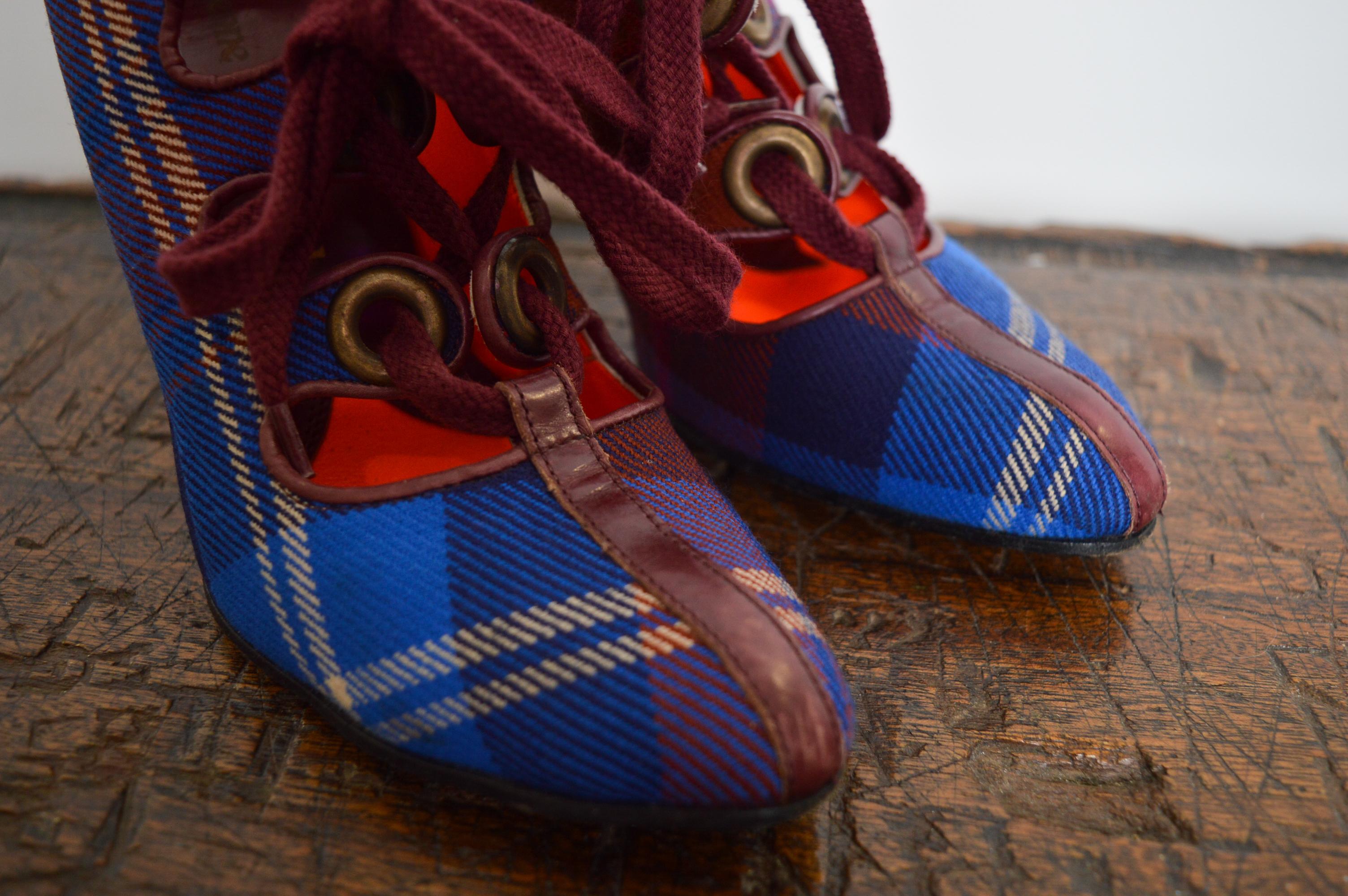 Vivienne Westwood Vintage Red & Blue Punk Tartan Lace up High Heel Shoes 4