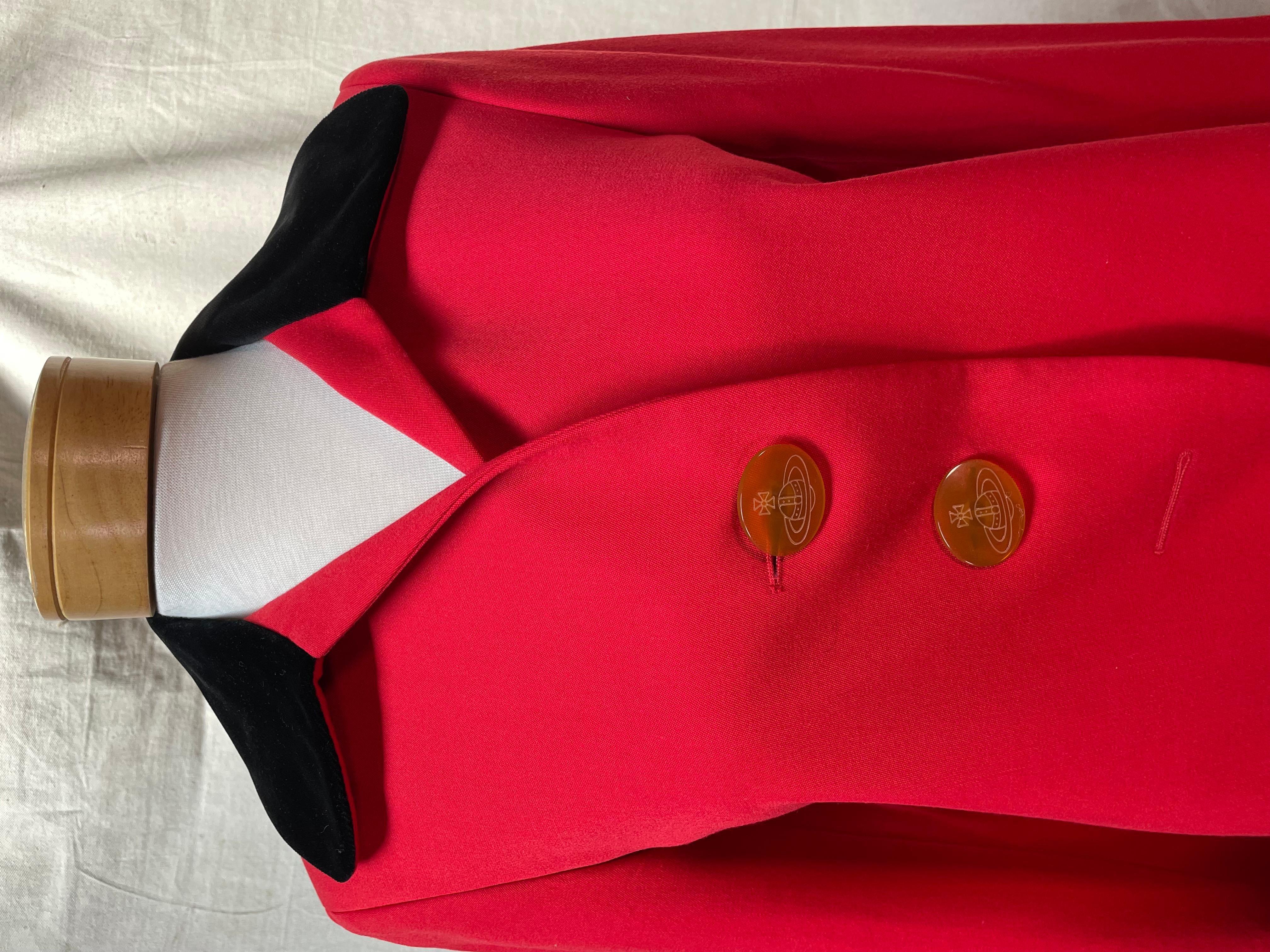 Minimalist Vivienne Westwood Vintage Red Wool Jacket With Black Velvet Collar, Aw 1990 For Sale