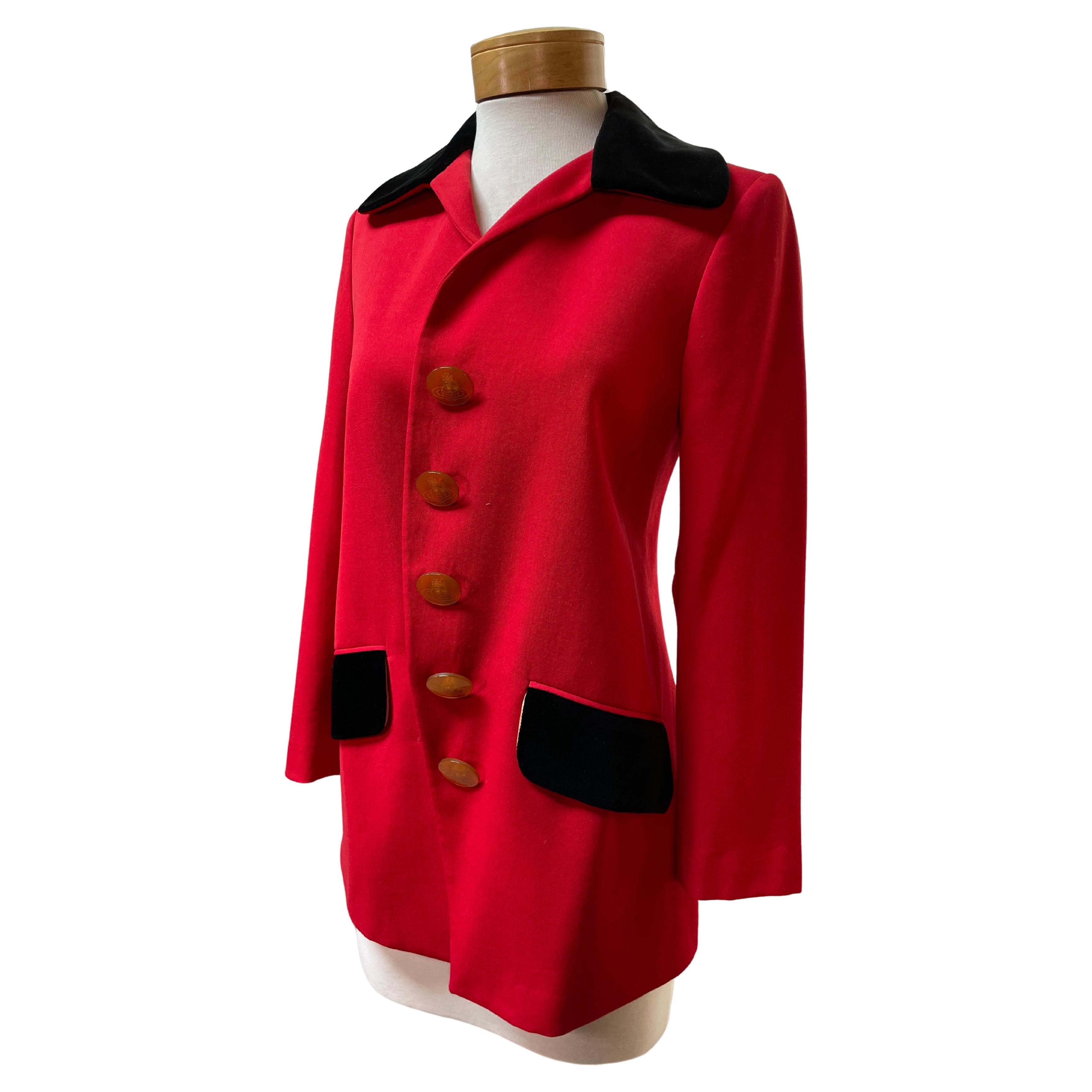 Vivienne Westwood Vintage Red Wool Jacket With Black Velvet Collar, Aw 1990 For Sale