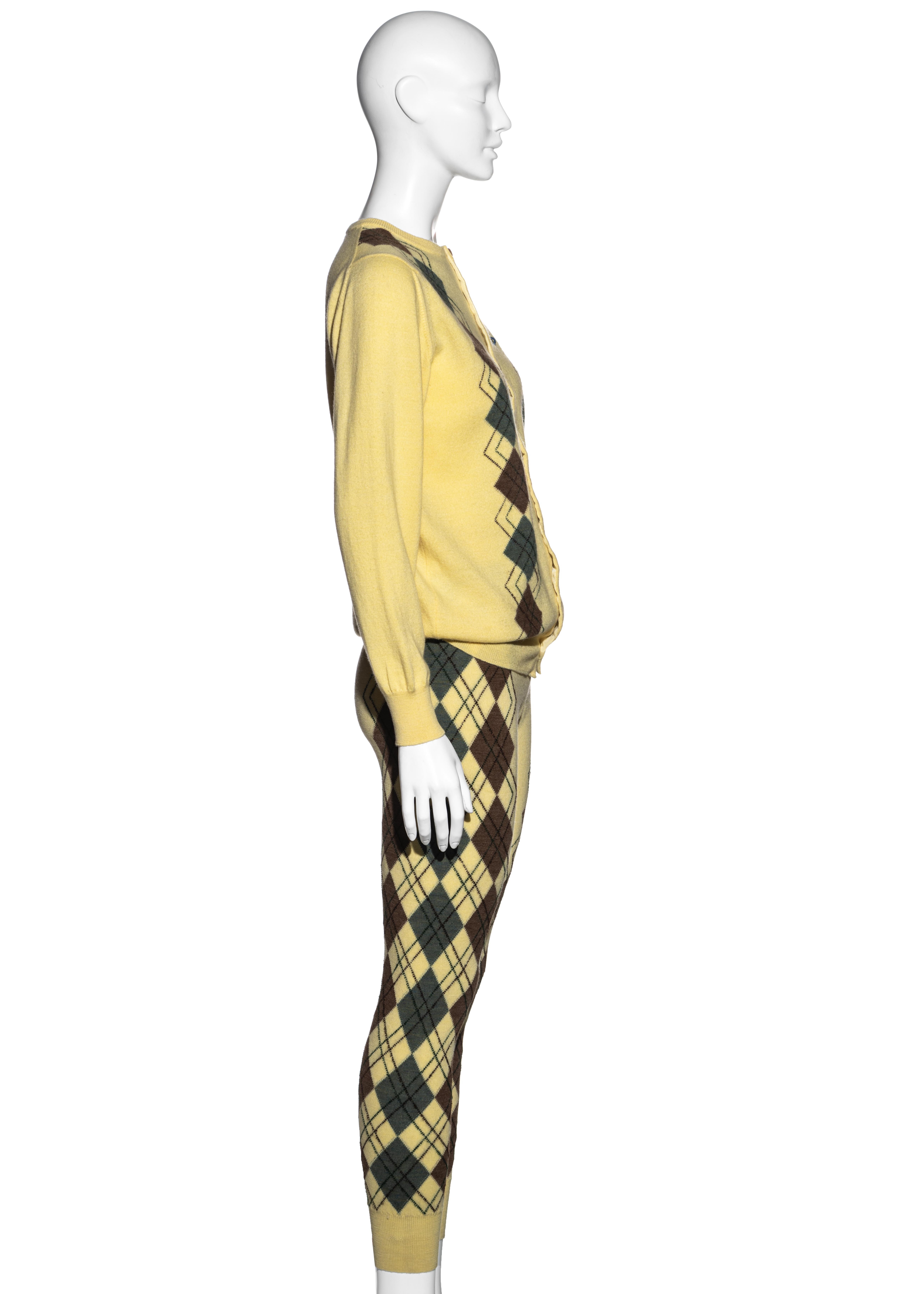 Beige Vivienne Westwood yellow argyle knitted leggings and cardigan set, fw 1989