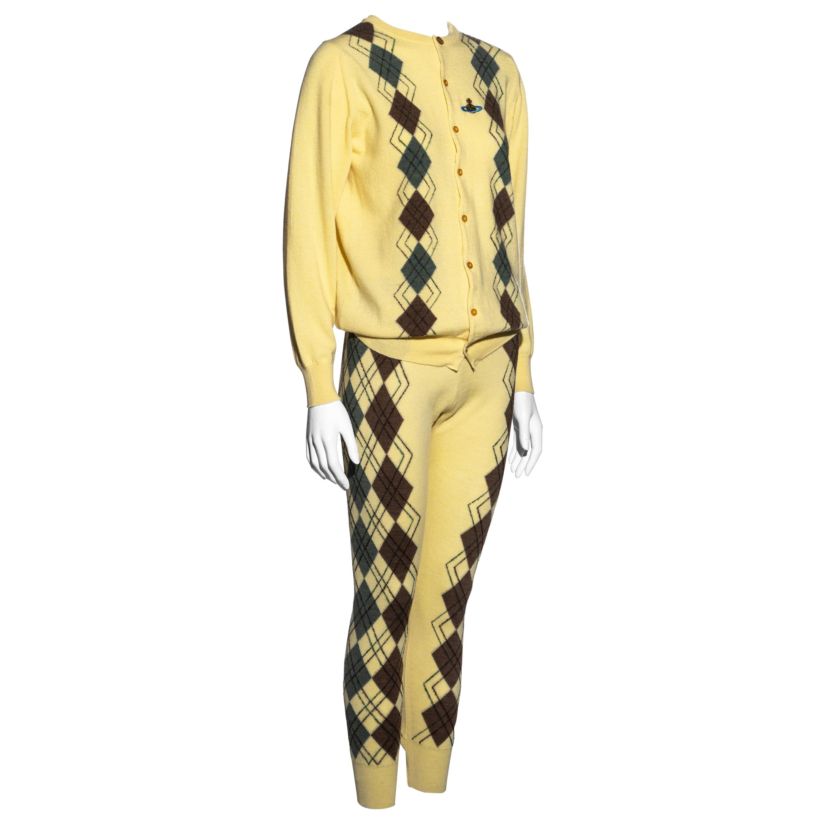 Vivienne Westwood yellow argyle knitted leggings and cardigan set, fw 1989