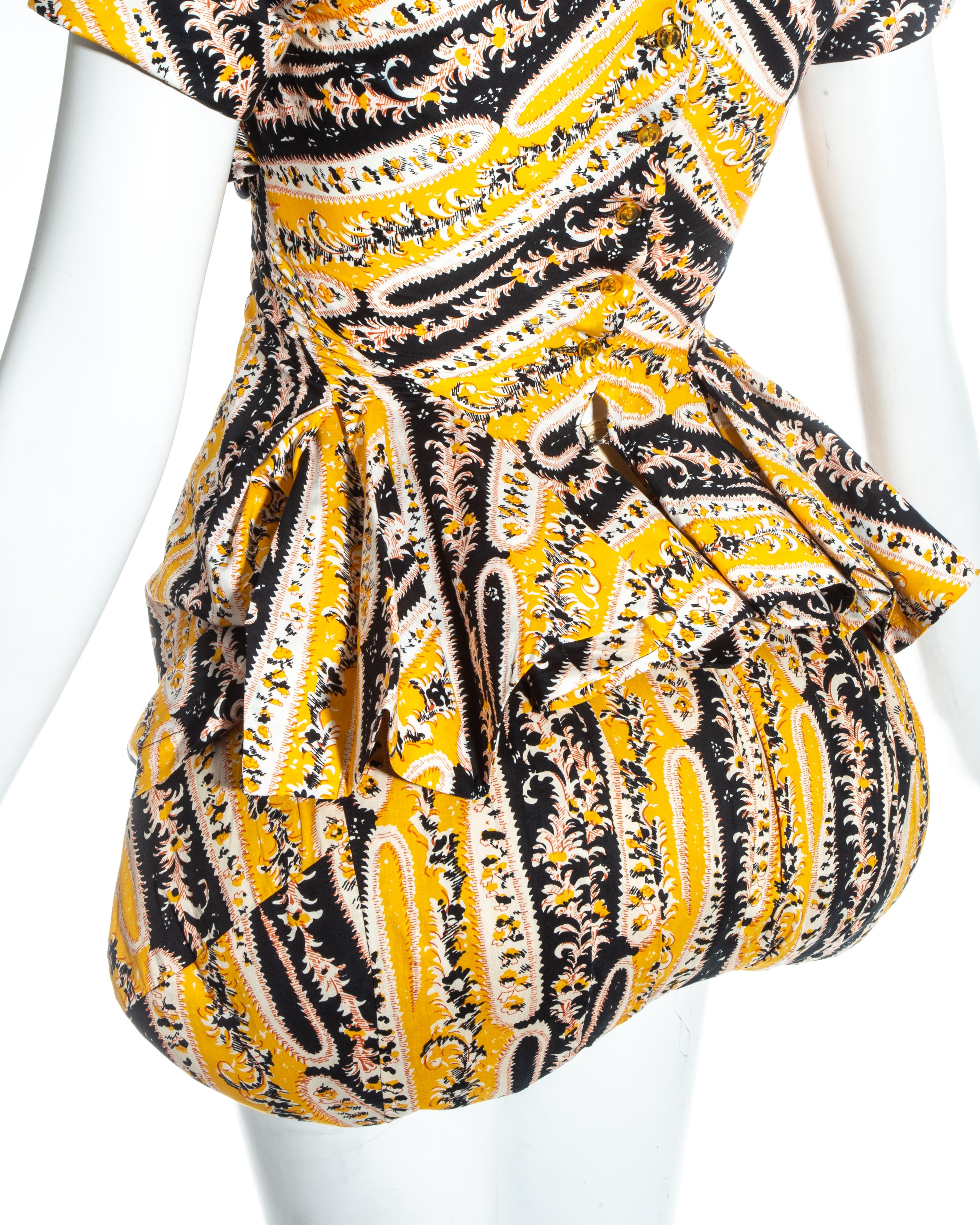 Women's Vivienne Westwood yellow printed cotton mini dress with bustle, ss 1995