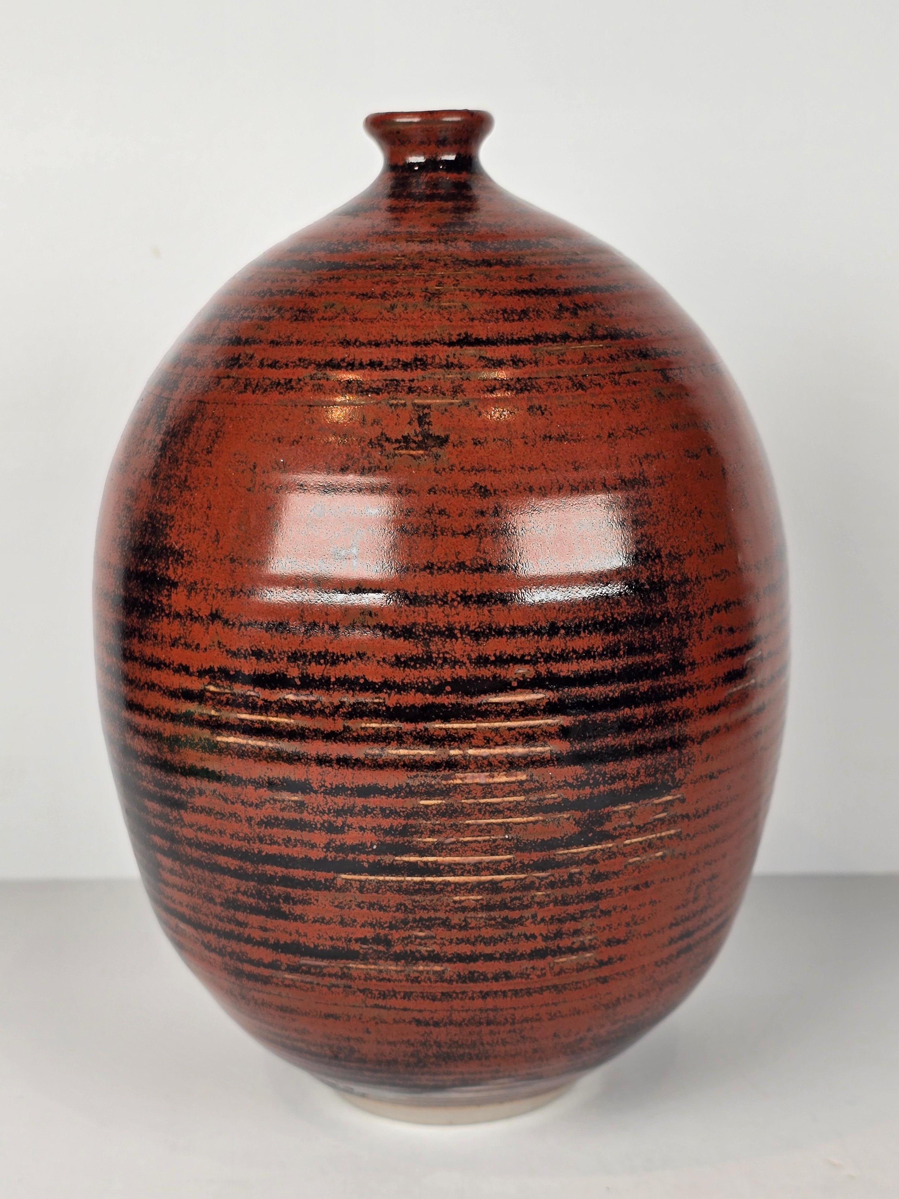 American Vivika + Otto Heino Bulbous Striped Weed Pot Studio Pottery Vase Mid Century For Sale