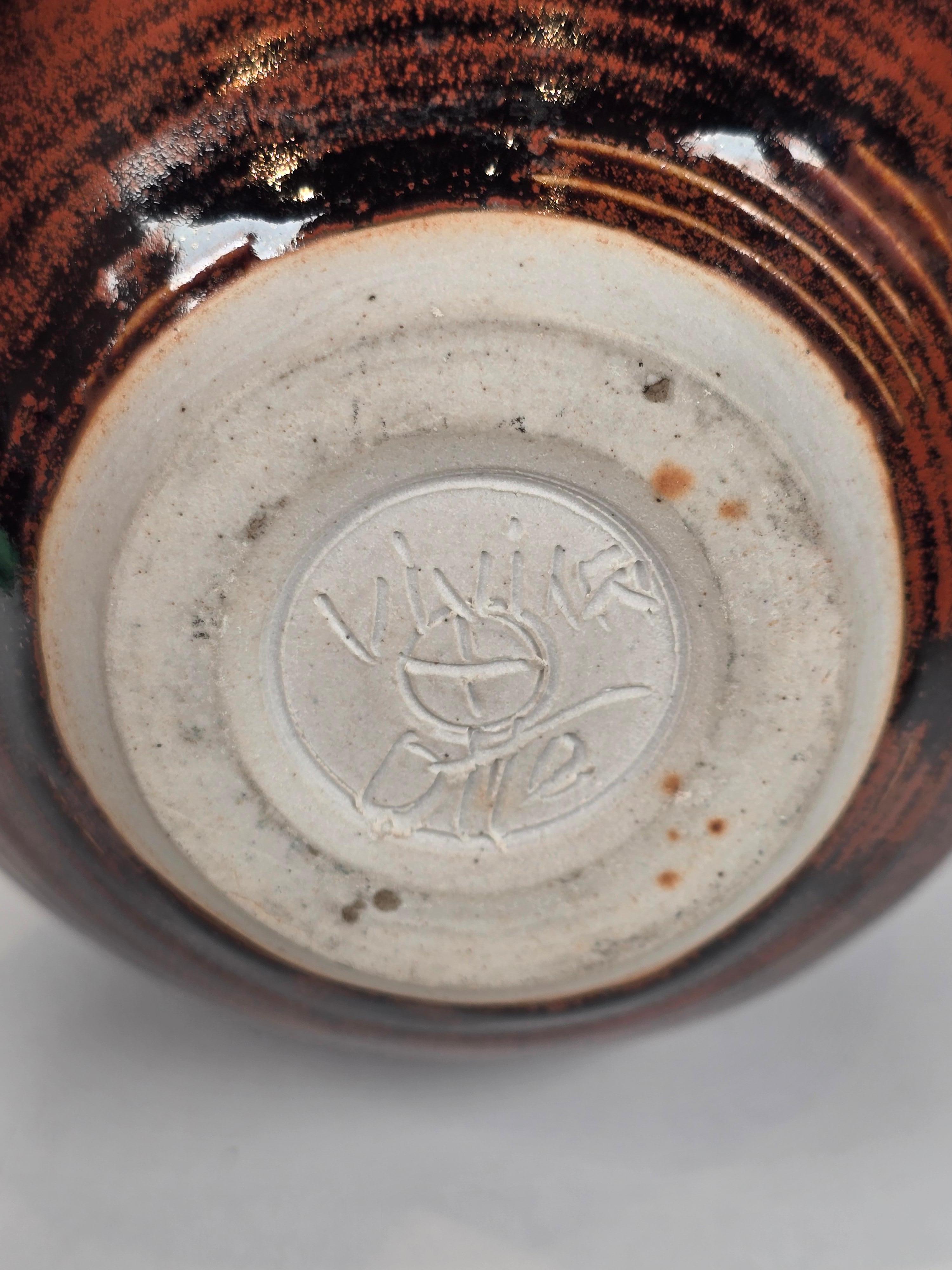 20th Century Vivika + Otto Heino Bulbous Striped Weed Pot Studio Pottery Vase Mid Century For Sale