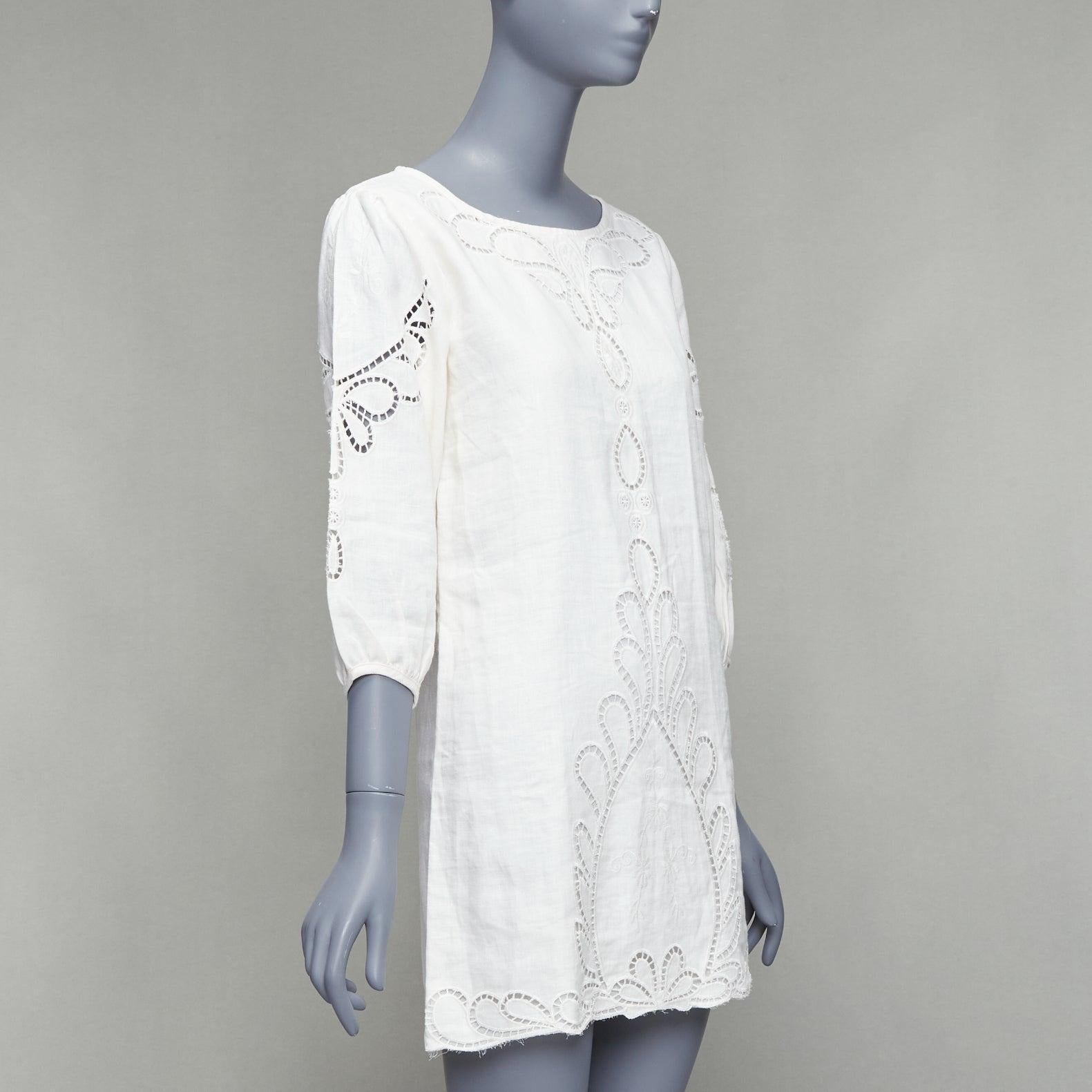 Gray VIX PAULA HERMANNY Solid Jessey white linen lace lattice coverup boho dress S