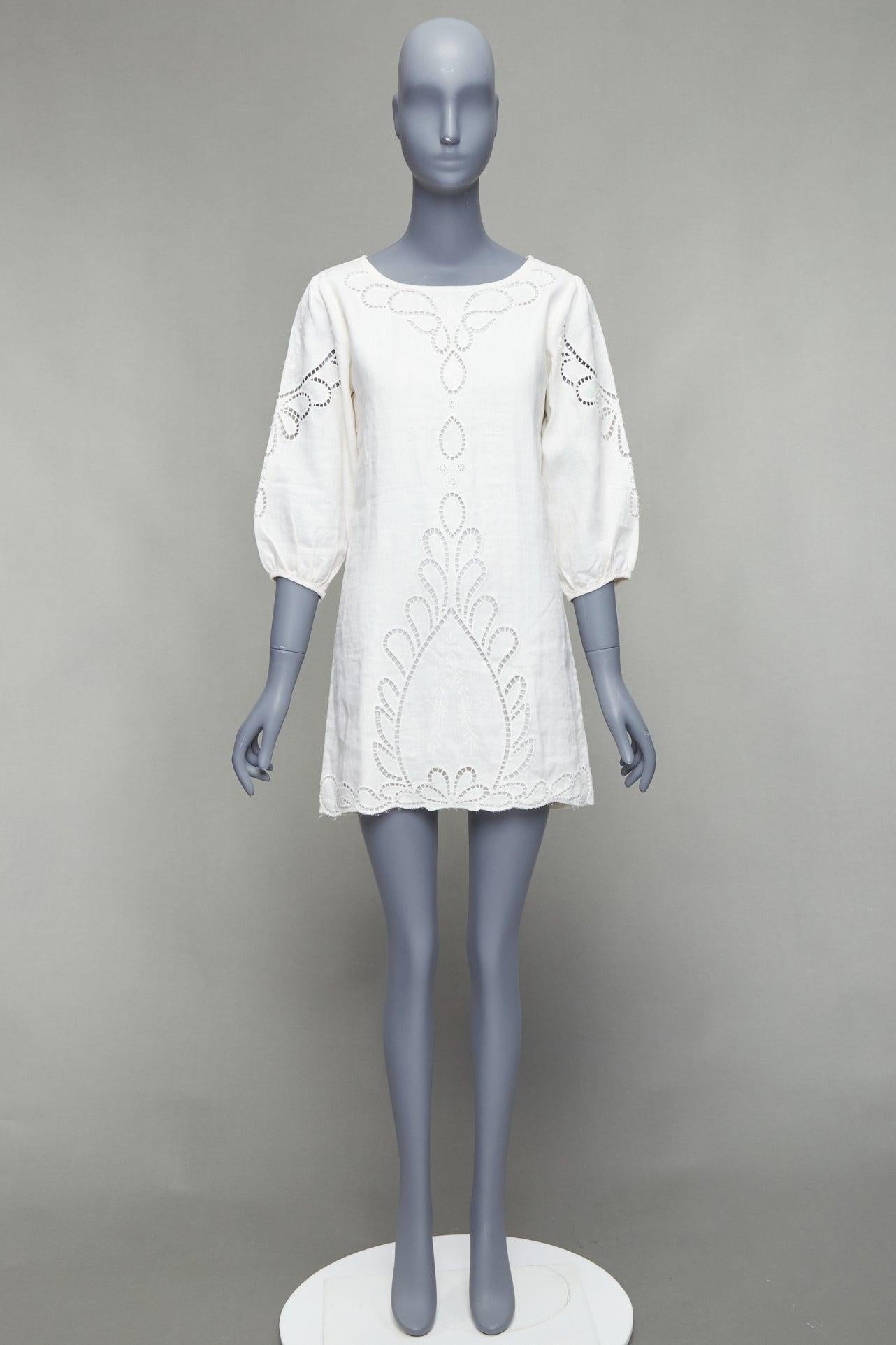 VIX PAULA HERMANNY Solid Jessey white linen lace lattice coverup boho dress S 4