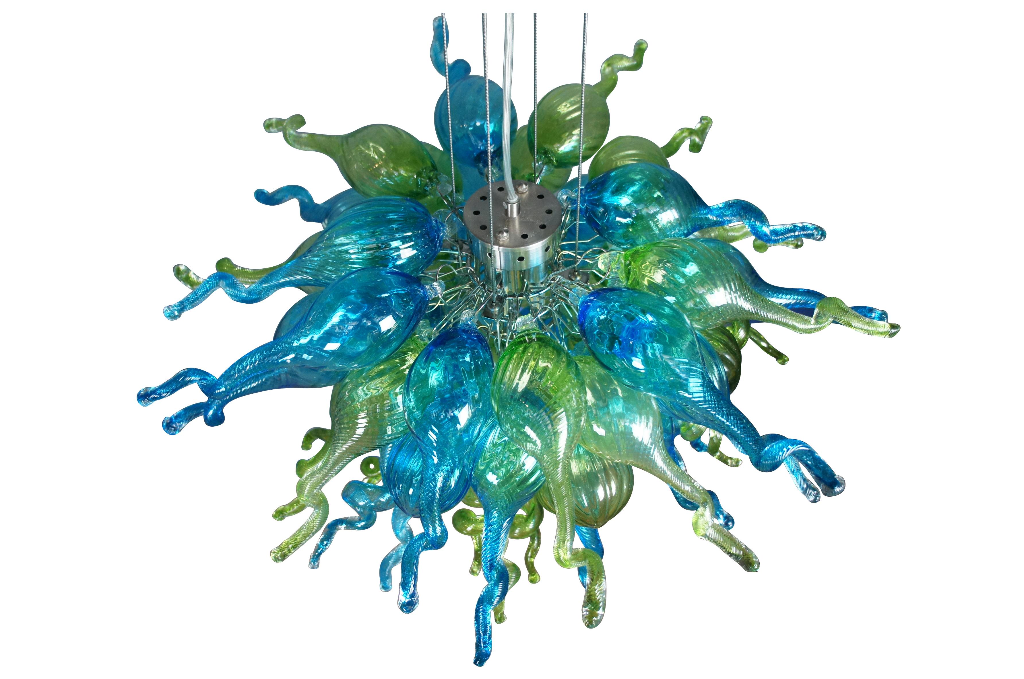 Modern Viz Glass ColorSelect Hand Blown Free Form Pendant Light Chandelier Green Blue
