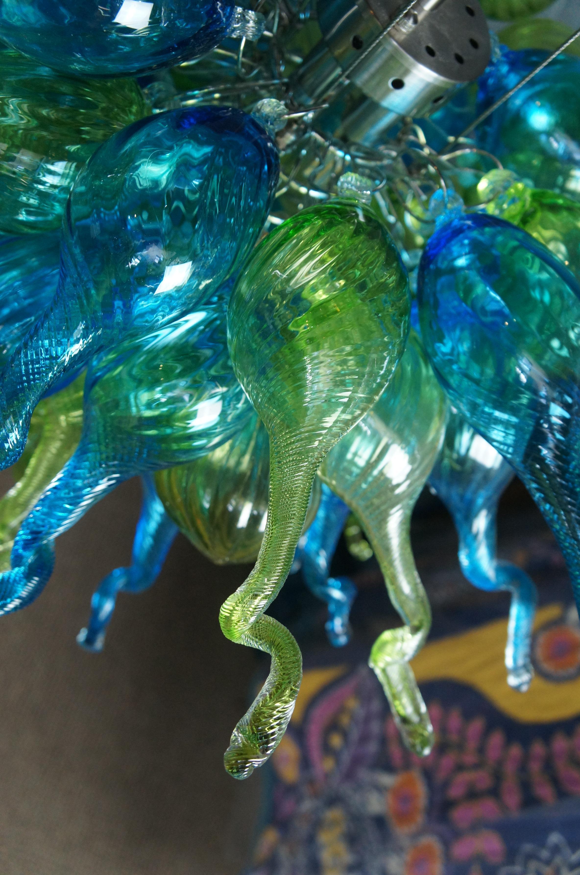 Metal Viz Glass ColorSelect Hand Blown Free Form Pendant Light Chandelier Green Blue