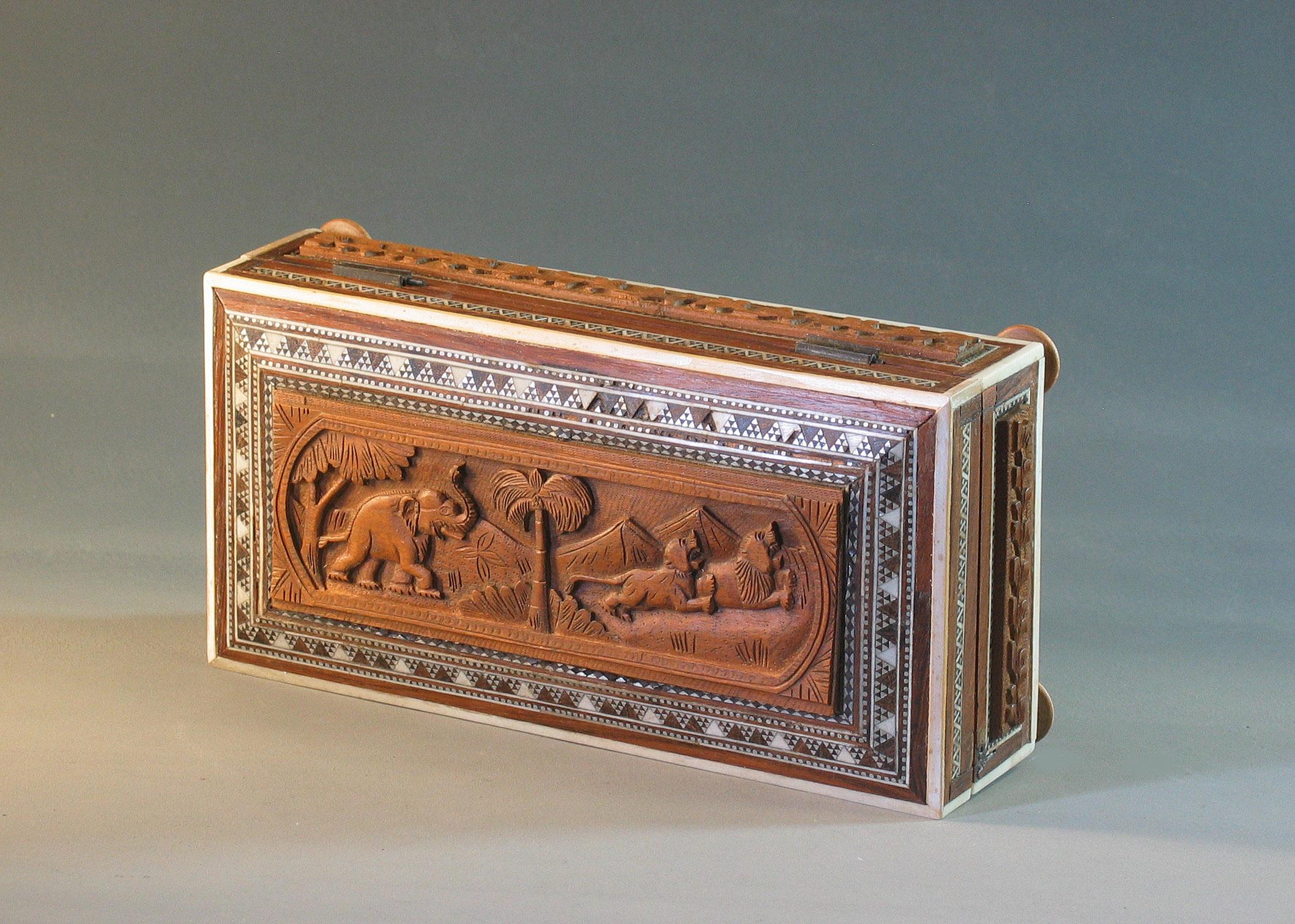 Anglo-Indian Vizagapatam Carved Sandalwood Bone and Sadeli Mosiac Box