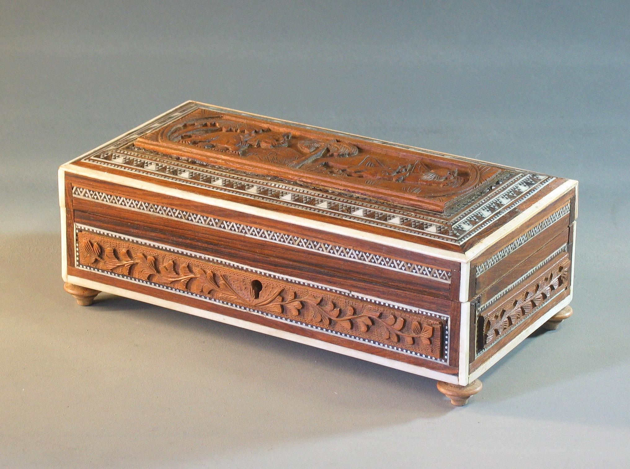 Vizagapatam Carved Sandalwood Bone and Sadeli Mosiac Box In Good Condition In Ottawa, Ontario