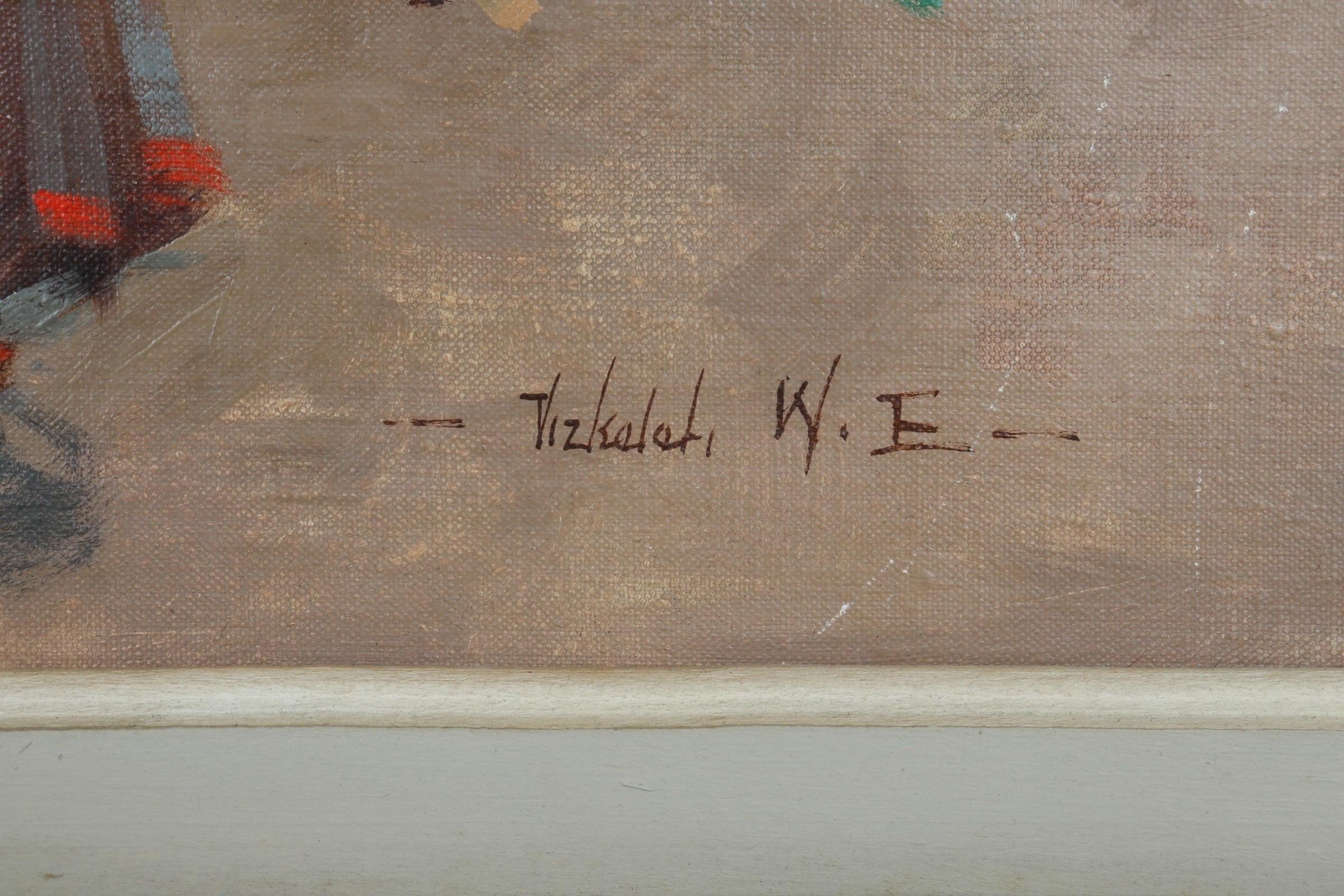 Óleo original impresionista sobre lienzo, hacia 1920, del artista húngaro Witman Etelka Vizkeleti (1882-1962), firmado abajo a la derecha. Representa una vibrante escena de mercado con dos mujeres locales vestidas de época en primer plano. A la