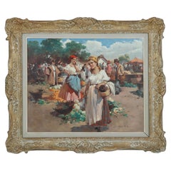 Vizkeleti Signed Oil on Canvas ‘European Market Scene’