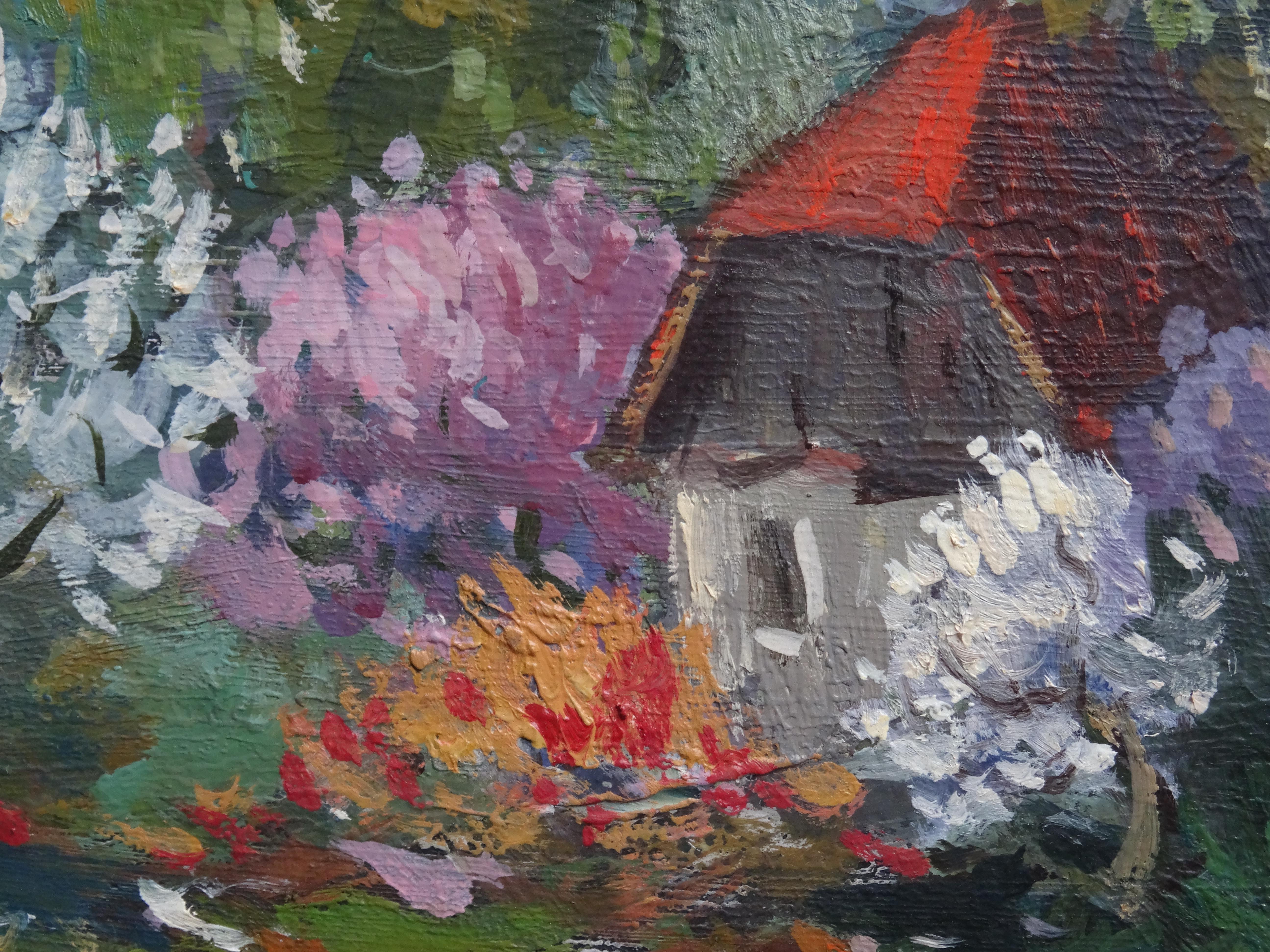 Während der Blütezeit. Kartenkarton, Öl, 23x28 cm – Painting von Vizulis Hehts