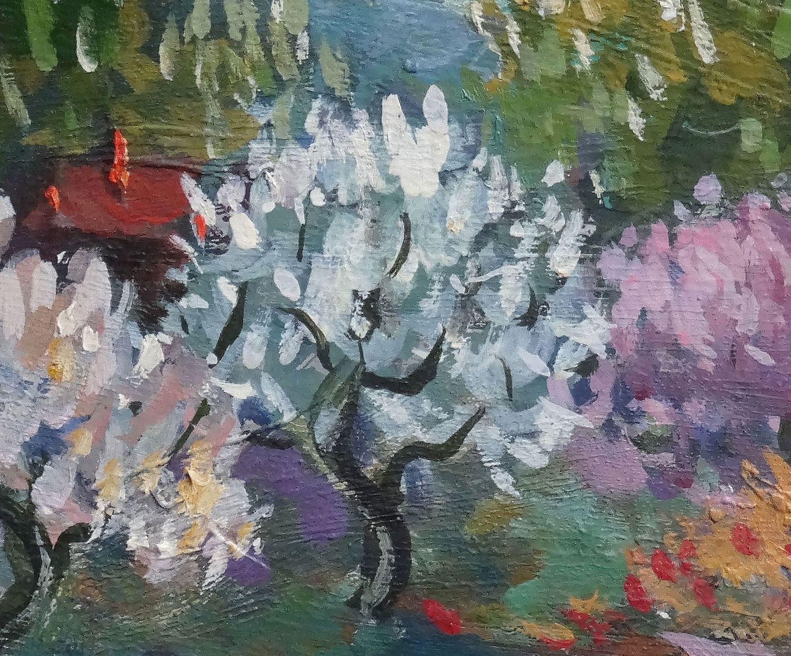 Durante la floración. Cartón, óleo, 23x28 cm - Figurative Painting Gris de Vizulis Hehts