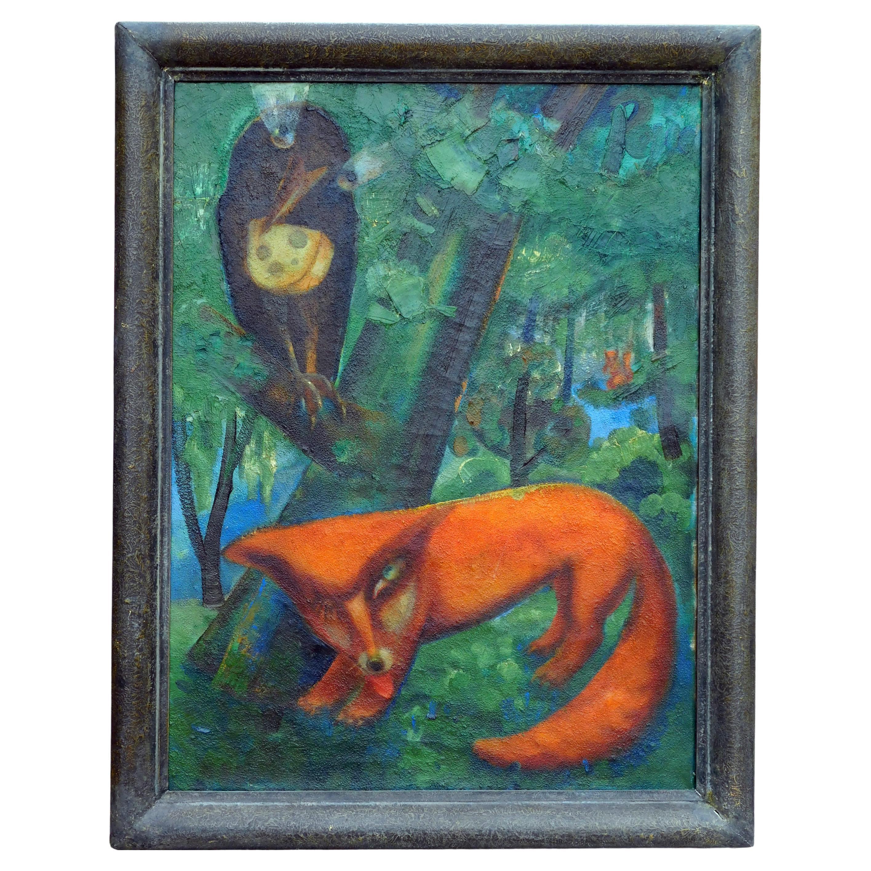 Meraviglioso quadro da favola, olio su tela - perfetto per la camera dei bambini.
Dell'artista slavo Vejecoslav Pejacevic, creato negli anni '30-'40 circa.
Raffigura l'amatissima favola di Esopo sull'adulazione con la volpe furba e il 
corvo