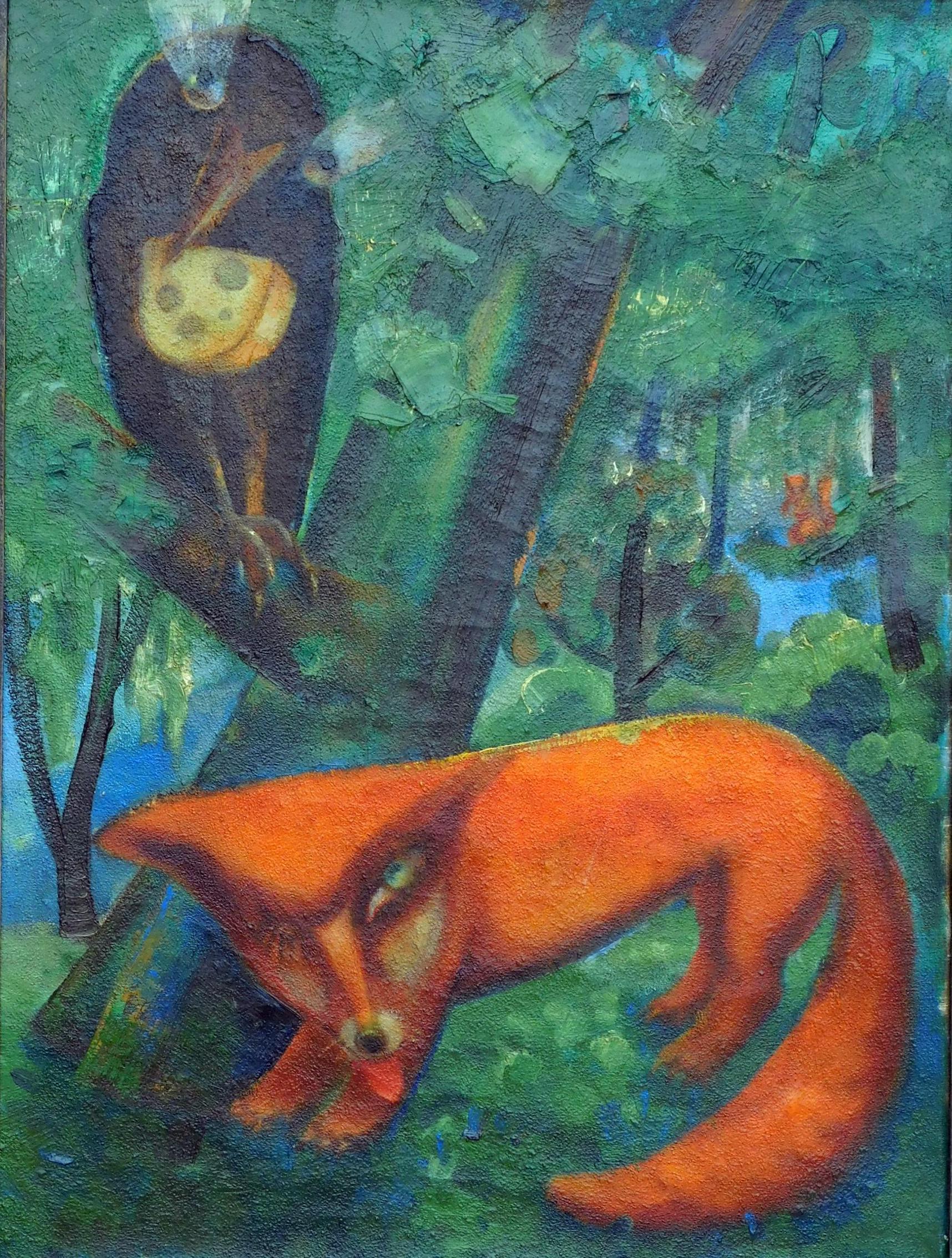 Wonderful fairytale painting, oil on canvas - perfect for the child’s room.
By Slavic artist Vejecoslav Pejacevic, created circa 1930's - 1940's.
Depicts the well-loved Aesop Fable concerning flattery featuring the sly fox and the 
proud crow.
