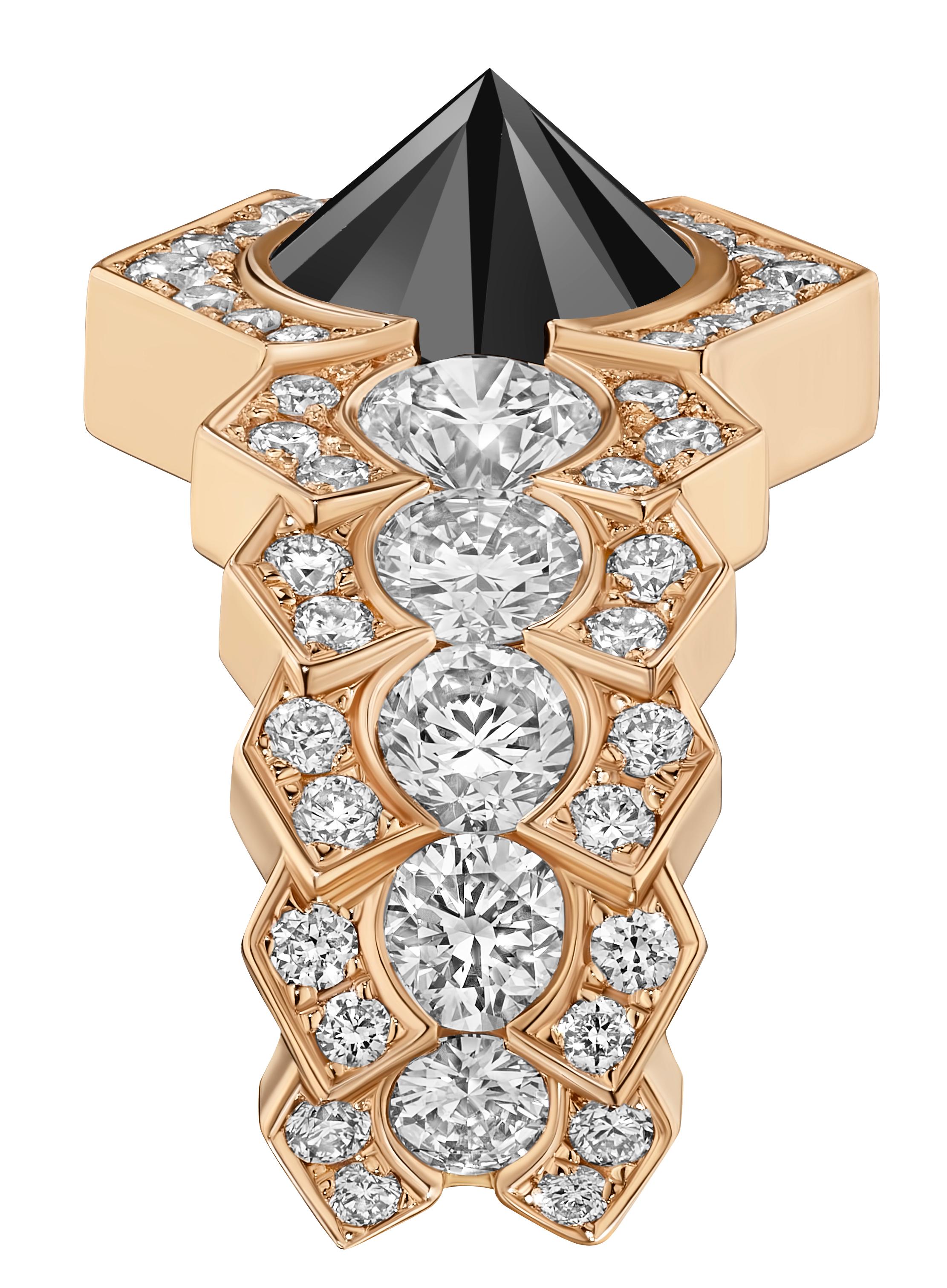 Die VL Cepher Contemporary Truss Ohrringe sind mit 3,25 Karat invertierten schwarzen Diamanten und 82 kaskadenförmig angeordneten weißen Diamanten im Brillantschliff von insgesamt 2,34 Karat besetzt.
Inspiriert von der brillanten Truss-Struktur, die