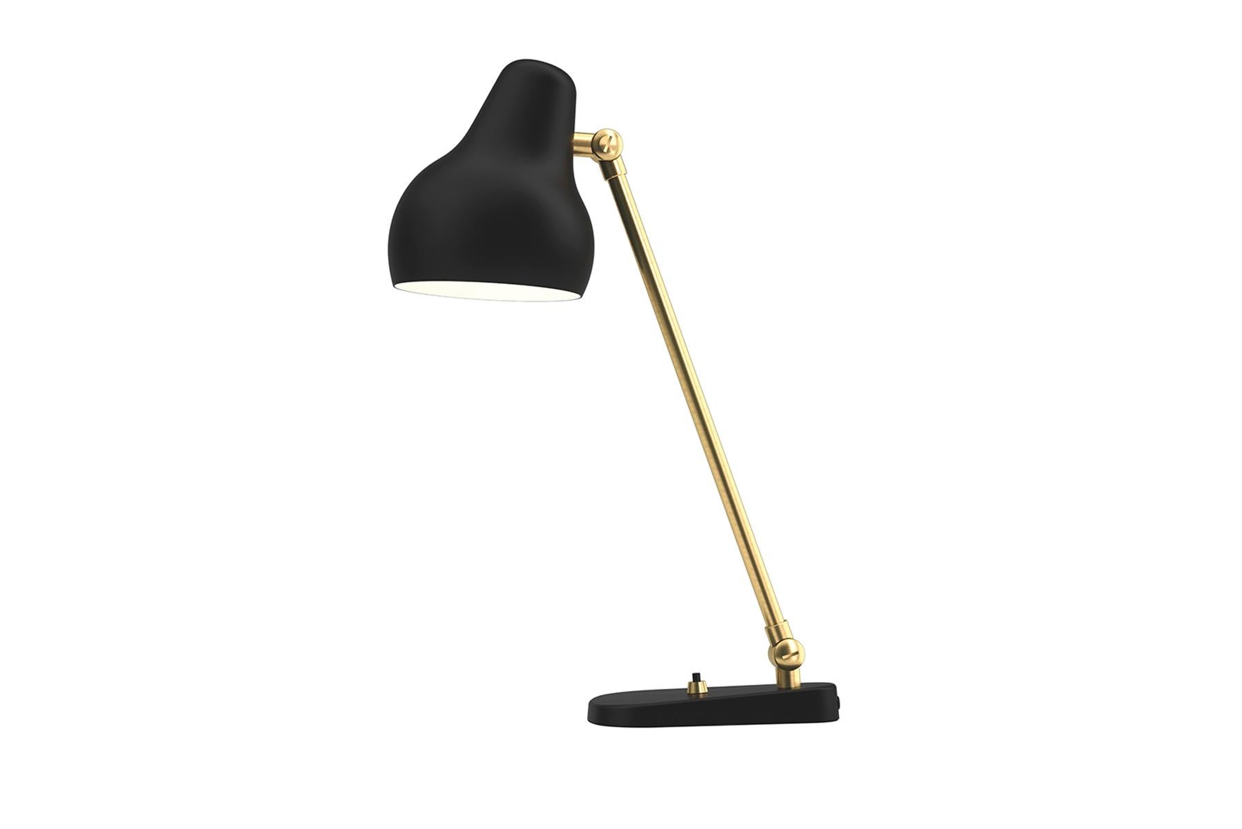 The fixture emits downward directed light. The angle of the shade can be adjusted to optimize light distribution. The shade is painted white on the inside to ensure a soft comfortable light. The VL38 table lamp was originally designed in the late