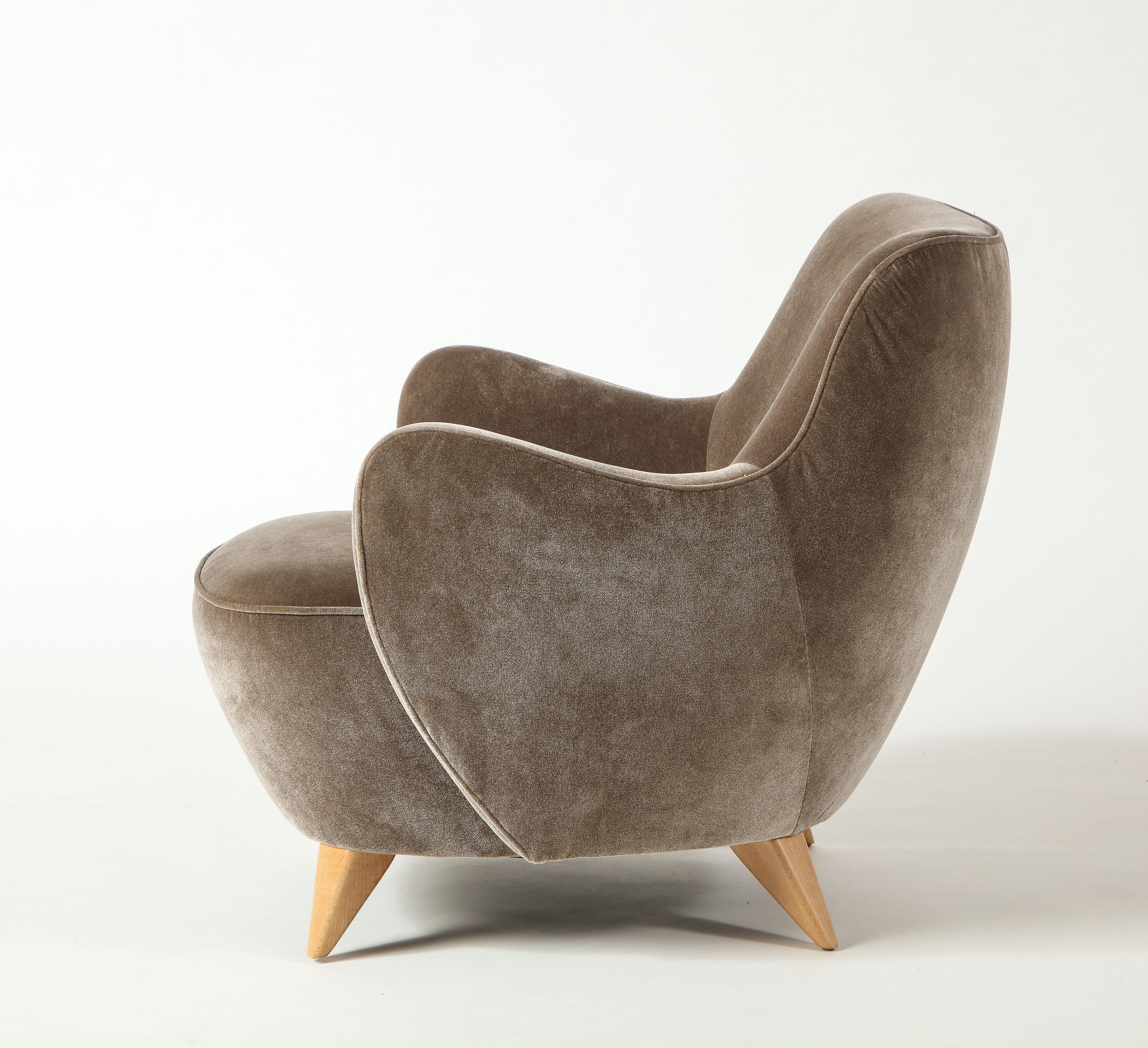 Modern Vladimir Kagan Barrel Chair in Beige Upholstery with Natural Maple Base