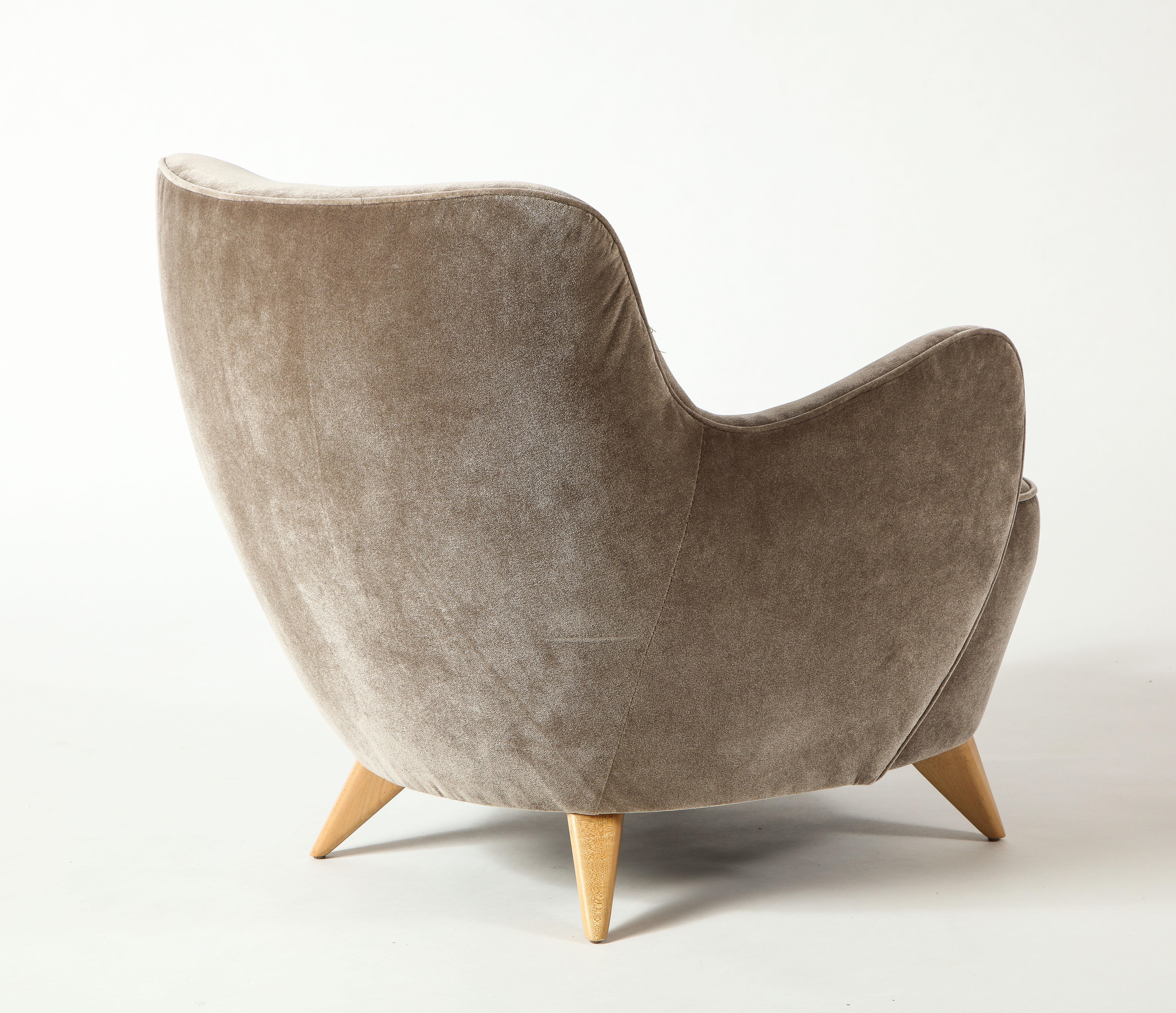 Contemporary Vladimir Kagan Barrel Chair in Beige Upholstery with Natural Maple Base