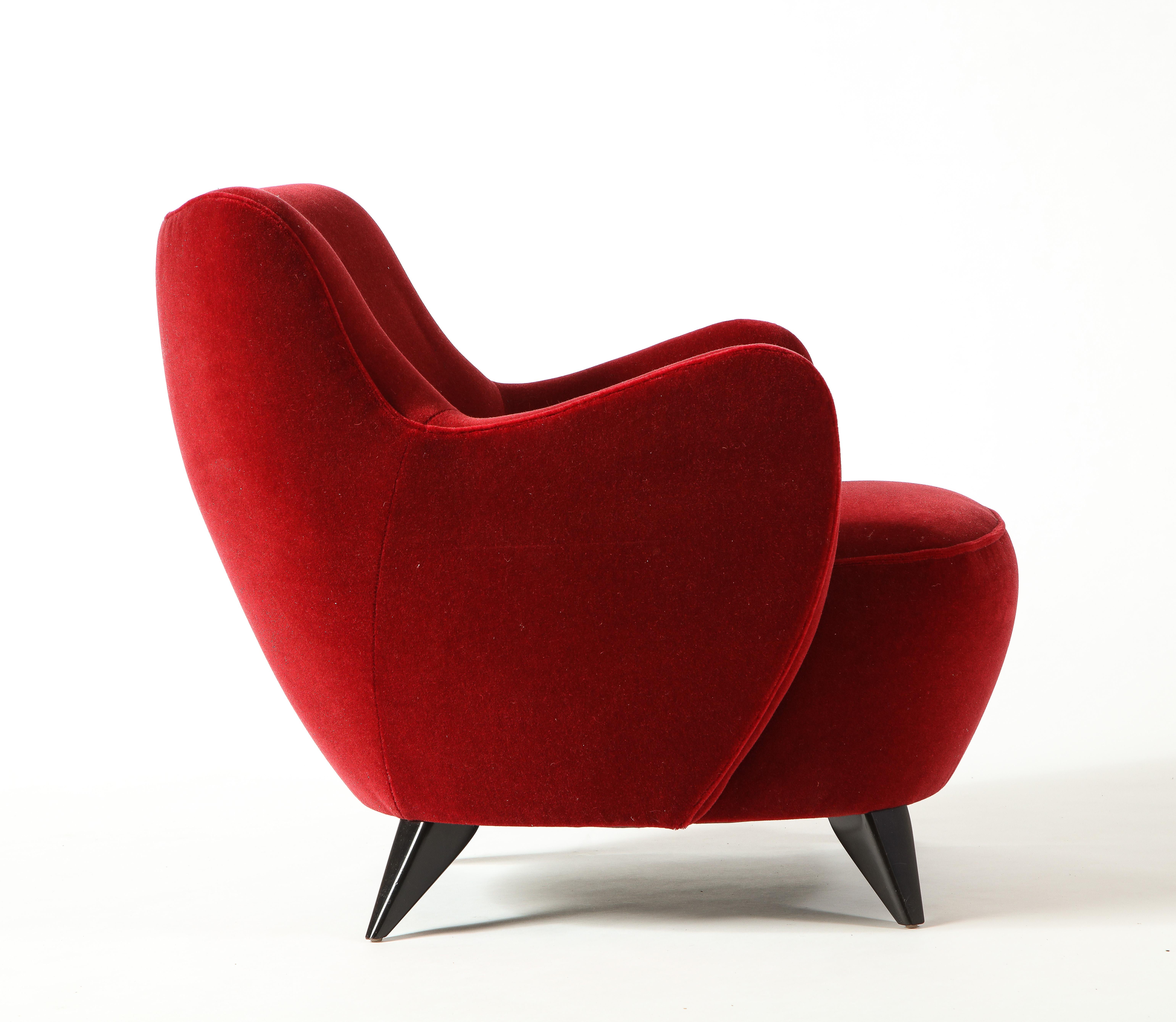 Vladimir Kagan Barrel Chair in Red Mohair Upholstery with Ebony Base 1